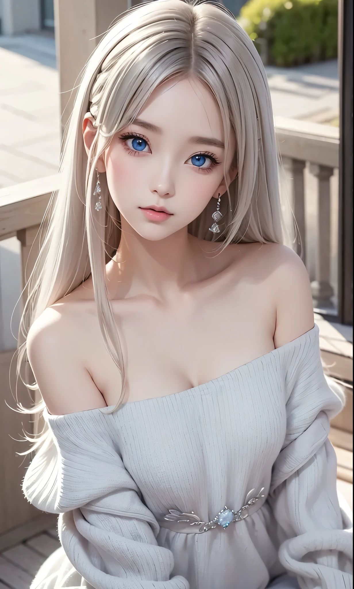There is a woman in a white dress, artwork in the style of Gwaiz, Gwaiz on pixiv artstation, Gwaiz on artstation pixiv, Gwaiz, Fantasy art style, Gwaiz masterpiece, Beautiful and elegant queen, Beautiful character drawings, Detailed digital anime art, Blonde Princess, Gray Hair, Sky blue eyes, Pink Lips, off shoulder sweater, cool girl face, beautiful eyes, face type, reika, Tilt her head, ((from over head))