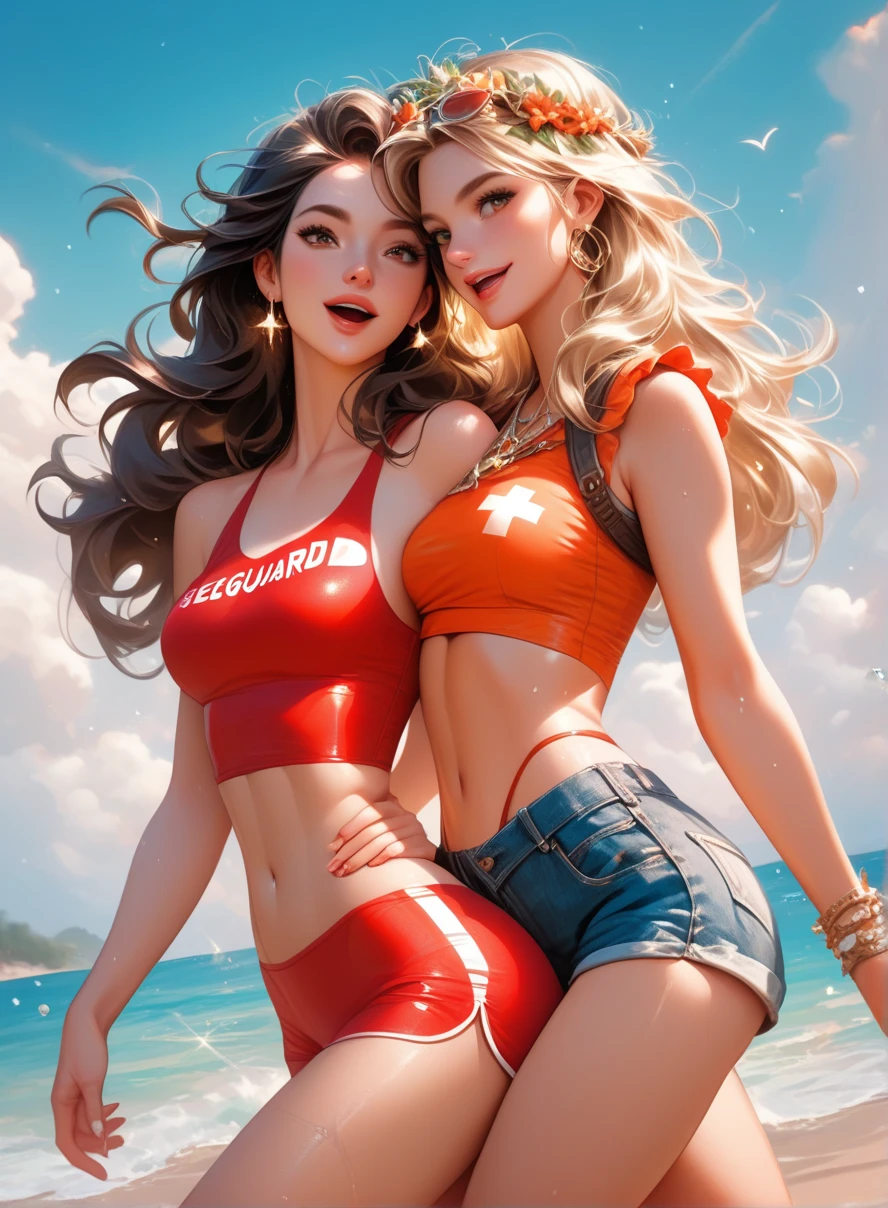 (very detailed, 4k, photorealistic),(camera view from the top), crowded shot of a woman's beach volleyball team, sexy sweaty, bikinis, beautiful girls, redheads, brunettes, blonds, smiling and waving to viewer, 