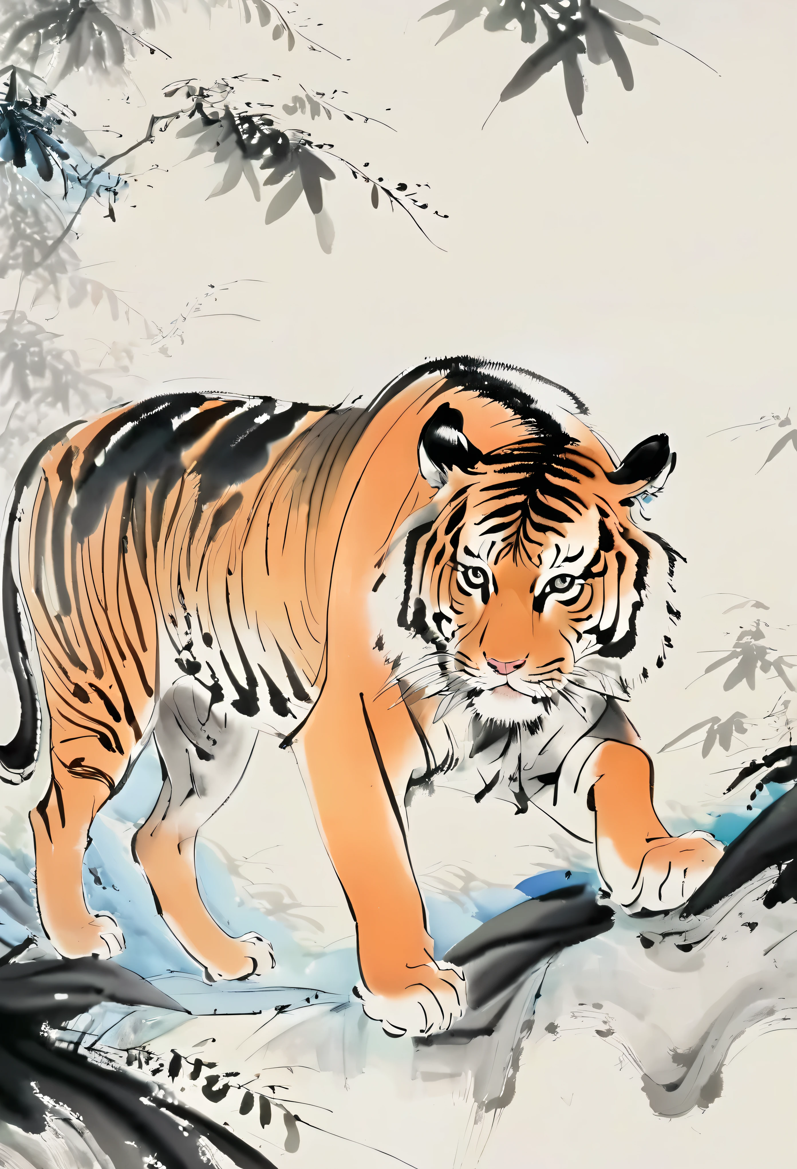 chinese ink painting, traditional media, liujiyou,tiger, forest, no human