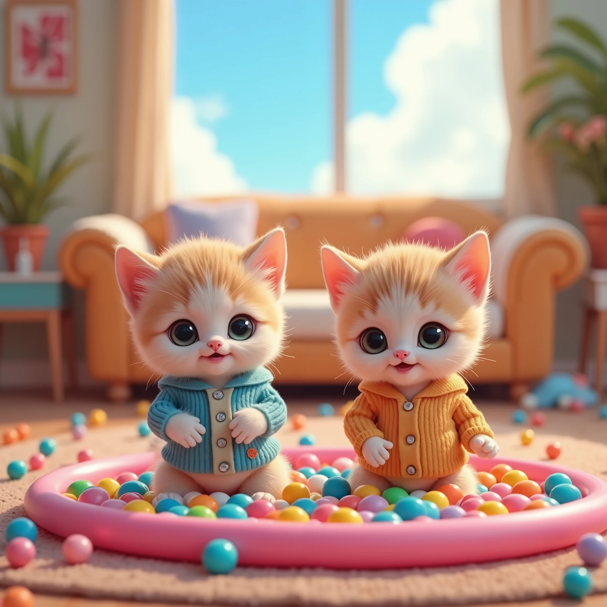 cat drawn in size 25 , 2 adorable babys , A realistic cat is standing on 2 legs ,smile, The eyes look like beautiful marbles,Detailed and realistic coat ,Don't blur the background, 1 has long sleeves and a skirt ,1 has long sleeves and pants , blue sky, The background is the living room, ball pool ,I'm playing with colorful small balls ,深めの ball pool に入って遊んでいる, are excited