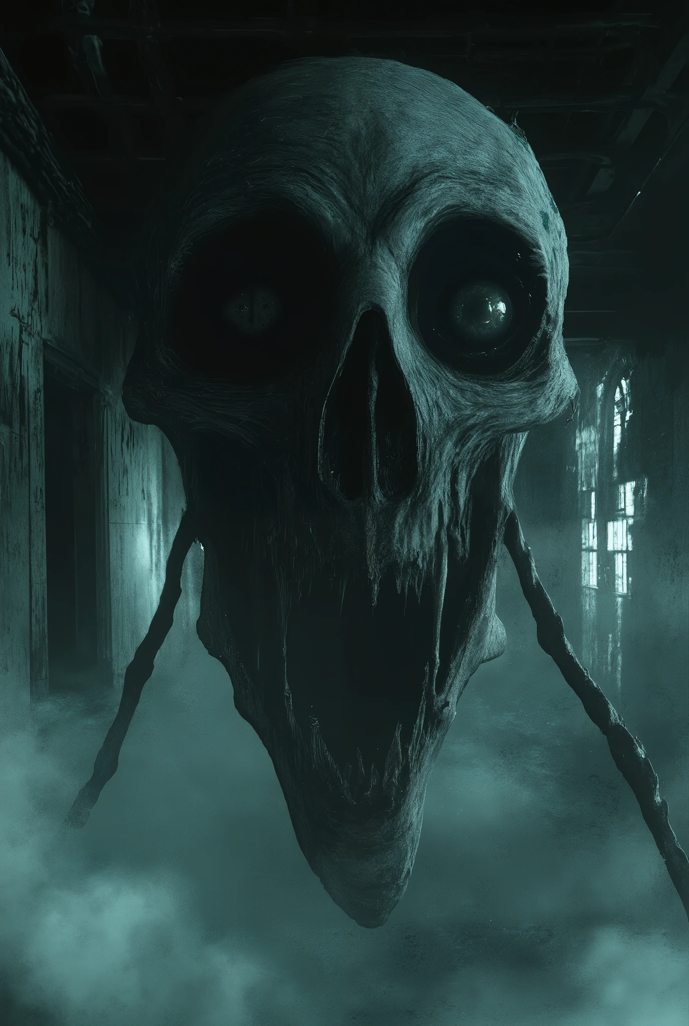 ultra detailed, absolutely resolution, masterpiece, haunted mansion, grin evil smile ghost, poltergeist, dark horror fantasy, dark and scary, terrifying, various foggy effects, extremely delicate depiction, extremely clear image, bold and dynamic, contrasts of light and shadow, artistic photography, hyper realistic