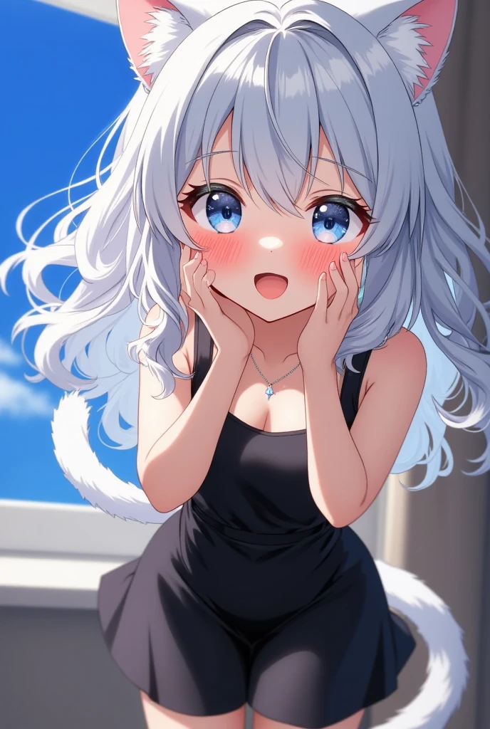 (best quarity,ultra detailed,ultra-high-resolution, absolutely resolution,8k, masterpiece),anime,(pale colors:1.8),long shot, 1girl, solo, cat mouth, hands up, shoulder-deep in water, smile, closed eyes, opened mouth, fang, blue hair, bobcut, straight hair, racoon ears, racoon tail, (brown streaked hair:1.3), (blunt bangs) ,thick eyebrows, big breast, off shoulder bikini, water splash background, summer, fullbody,