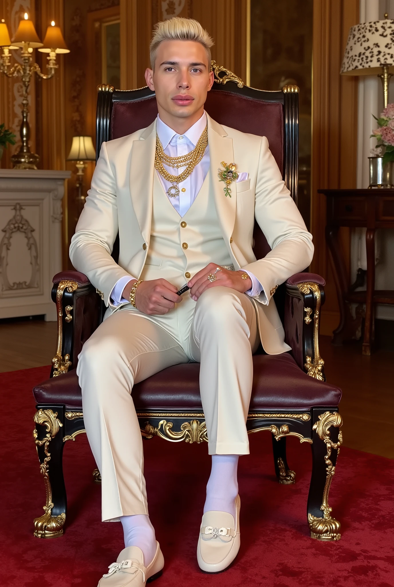 full body photo of a wealthy white perverse Prince, arrogant, powerful, handsome, somptuous brocard silky suit and clothing, gold & diamond rings, necklaces, bracelets, hyper-somptuous short sculpted blonde haircut, hyper-short upturned tiny nose, inflated siliconed luscious lips, his white sheer socks must be seen, elegant luxurious chic loafers. throne hall, high-luxury