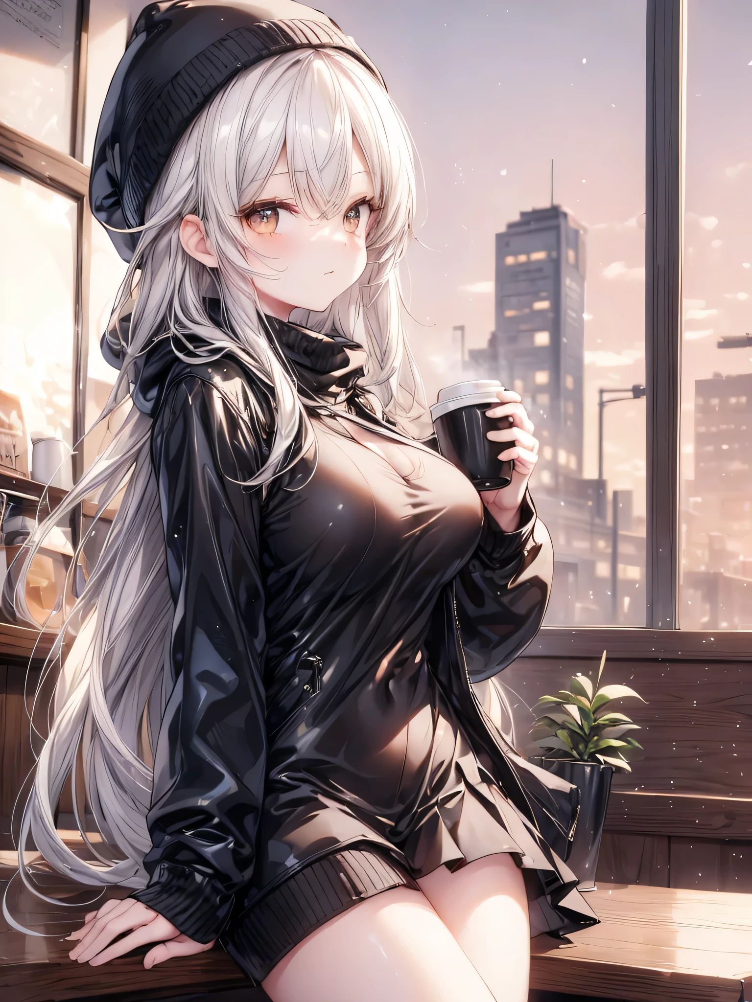 (masterpiece、top-quality、hight resolution、Unity 8k、extremely details CG:1,Best Picture), morgan le fay(fate), (Silver Hair), "A porn star on a typical weekday, dressed casually with minimal makeup, wearing a pair of large disguise sunglasses, strolling through a city street. The surroundings are urban with people passing by, and she is carrying a coffee cup. The atmosphere is relaxed, yet there’s a hint of anonymity as she tries to blend in. The focus is on her sunglasses, which slightly conceal her identity, but she still exudes an aura of confidence and poise."