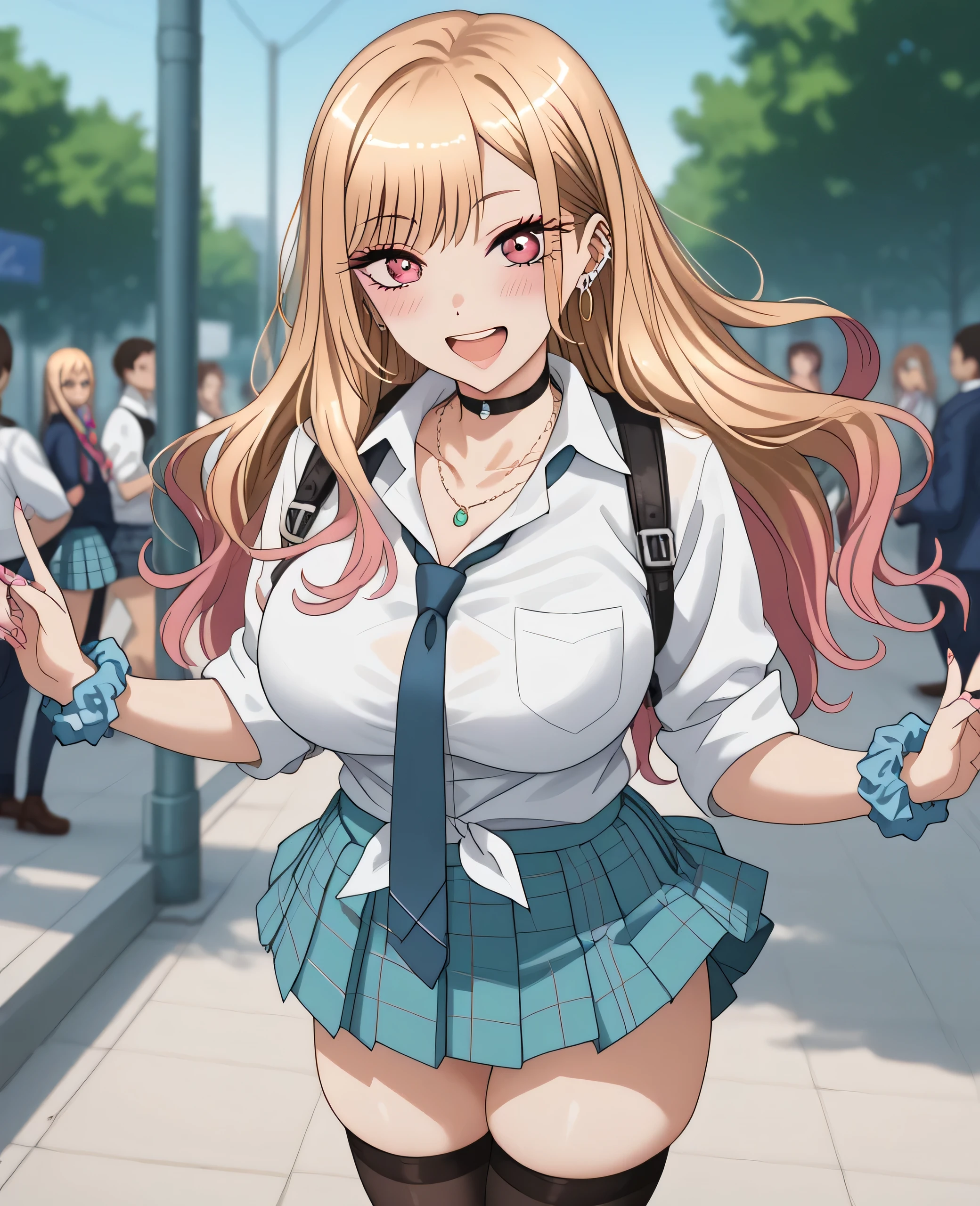 Tall girl, fit girl, KJOmarin, blonde hair, long hair, pink eyes, earrings, ear piercing, multicolored hair, score_9, score_8_up, score_7_up, source_anime, masterpiece,best quality, huge breasts, flashy gyaru,1girl, jewelry, necktie, earrings, skirt, breasts, shirt, long_hair, thighhighs, wrist_scrunchie, large_breasts, choker, white_shirt, open_mouth, looking_at_viewer, plaid, smile, blush, collared_shirt, tied_shirt, plaid_skirt, blue_skirt, bangs, solo_focus, school_uniform, red_necktie, outdoors, shirt_tucked_in, black_choker, scrunchie, sleeves_rolled_up, pleated_skirt, thighs, blurry_background, collarbone, white_thighhighs, parted_bangs, skindentation, :d