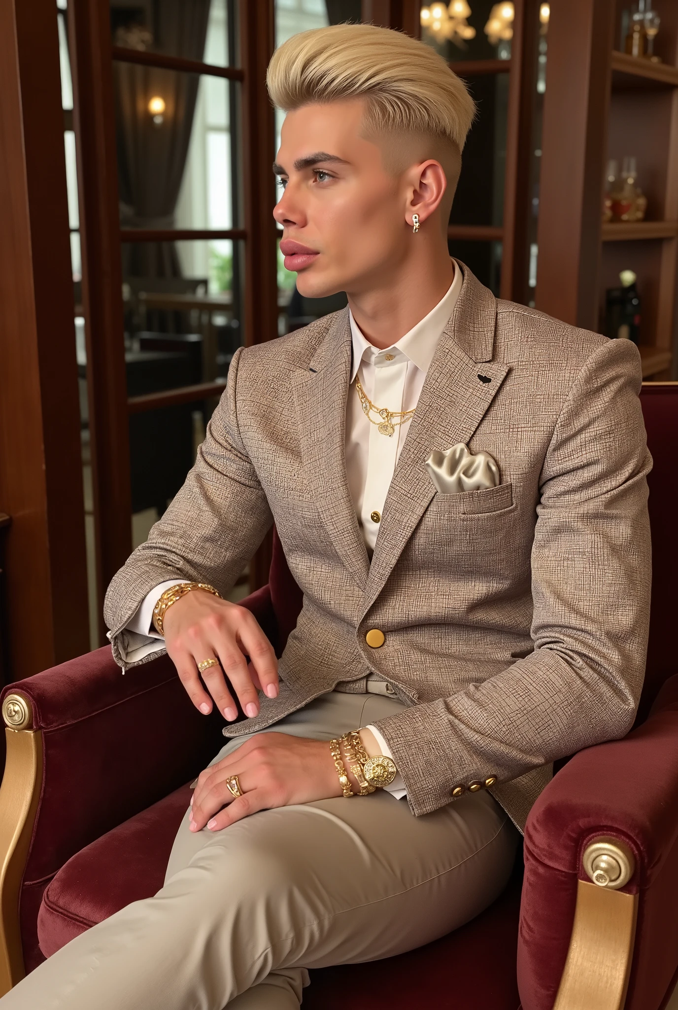 full body photo of a wealthy white perverse Prince, arrogant, powerful, handsome, somptuous brocard silky suit and clothing, gold & diamond rings, necklaces, bracelets, hyper-somptuous short sculpted blonde haircut, hyper-short upturned tiny nose, inflated siliconed luscious lips, his white sheer socks must be seen, elegant luxurious chic loafers. throne hall, high-luxury
