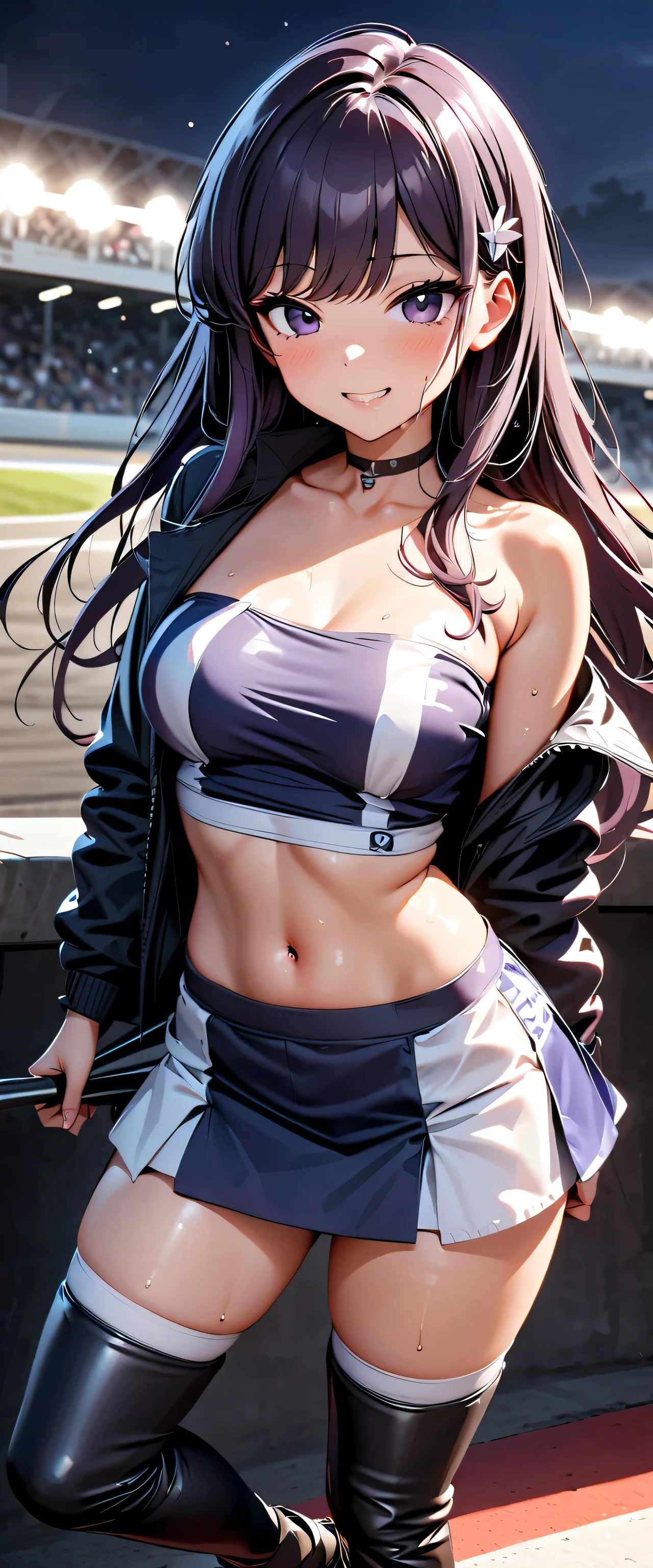 best quality , super high resolution, One person, Komi Shouko, little chest, black choker , smile, exposes shoulders, focus only , Audience ,Fair skin,Car racing track, photon mappings , physics-based rendering, RAW photos , very detailed background , K-pop Idol , depth of field, hair ornament, purple hair, detailed face, glowing skin, game cg,whole body, shiny micro tight miniskirt,shiny micro tube top,shiny long boots, race queen, Sexy Poses,holding a flag,Gloss Lip, wet from sweat