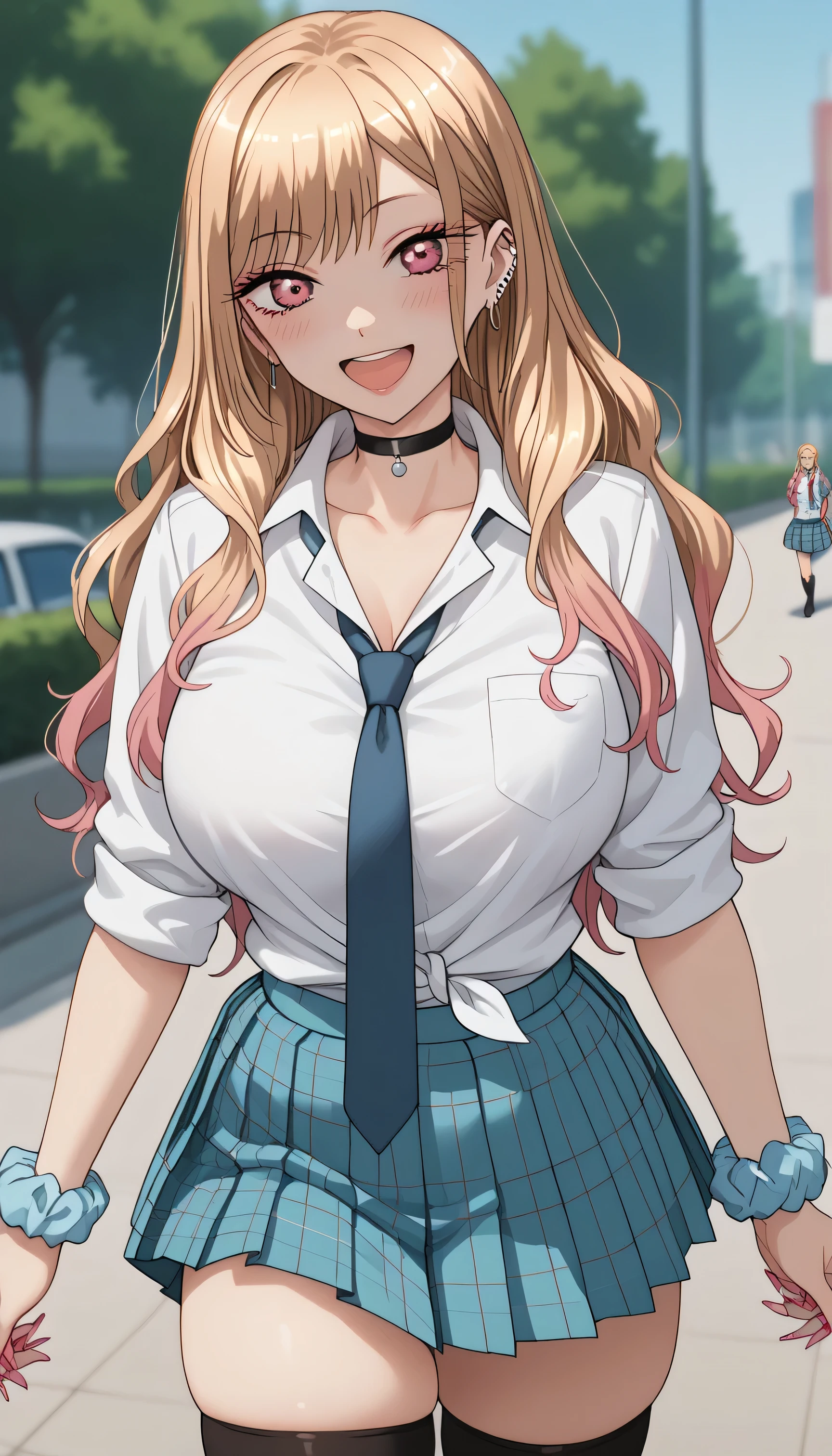 Tall girl, fit girl, KJOmarin, blonde hair, long hair, pink eyes, earrings, ear piercing, multicolored hair, score_9, score_8_up, score_7_up, source_anime, masterpiece,best quality, huge breasts, flashy gyaru,1girl, jewelry, necktie, earrings, skirt, breasts, shirt, long_hair, thighhighs, wrist_scrunchie, large_breasts, choker, white_shirt, open_mouth, looking_at_viewer, plaid, smile, blush, collared_shirt, tied_shirt, plaid_skirt, blue_skirt, bangs, solo_focus, school_uniform, red_necktie, outdoors, shirt_tucked_in, black_choker, scrunchie, sleeves_rolled_up, pleated_skirt, thighs, blurry_background, collarbone, white_thighhighs, parted_bangs, skindentation, :d