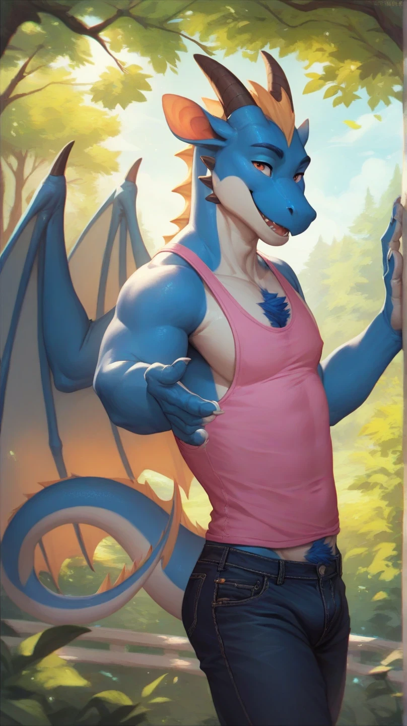 Male, Dragon y pelaje Celeste, ojos violetas detallados, cola larga, socorrista, boxers sueltos, delgado, astuto, fondo sencillo, sonrisa afectada