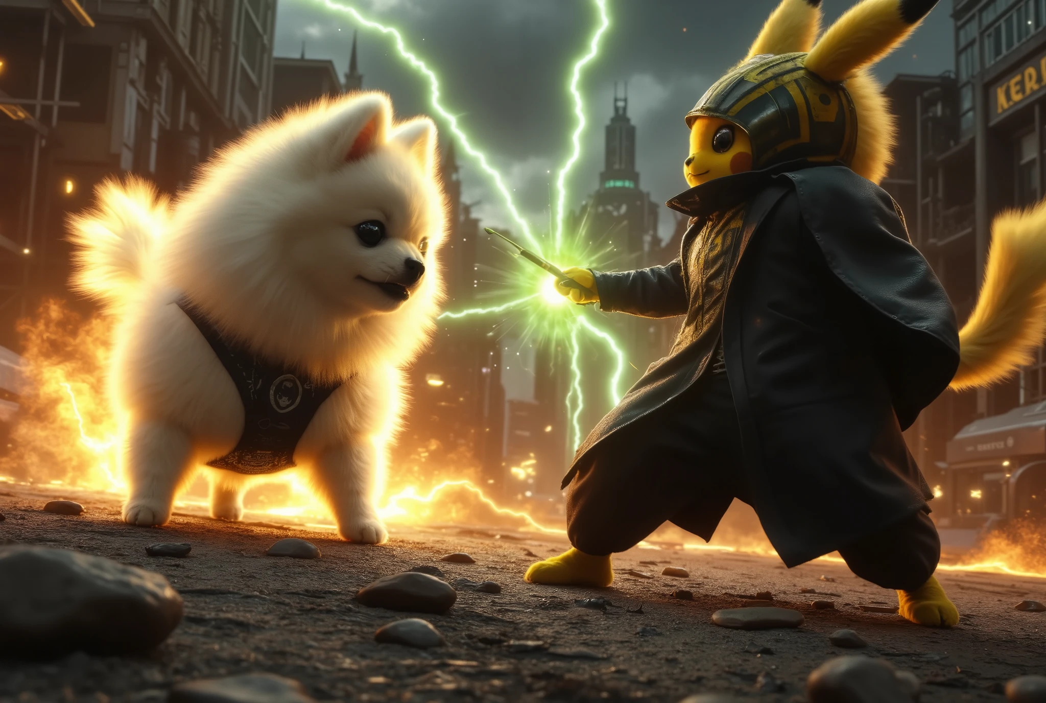A battle scene featuring a white Pomeranian engulfed in fire burning, charging forward with fiery energy, against Pikachu dressed as Voldemort. Pikachu is wearing a dark cloak and wielding a wand, casting a green lightning. The battlefield is set in the ruins of a destroyed city at night. And Massive green lightning.