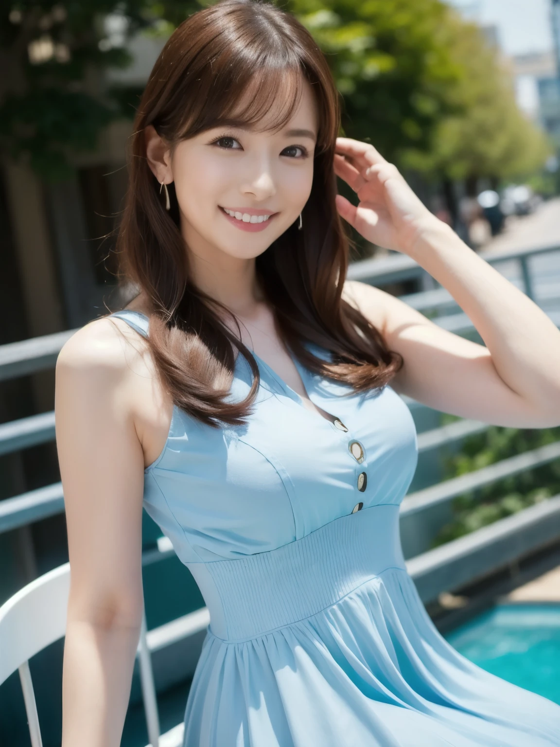 Araffe asian woman in a blue dress sitting on a chair - SeaArt AI