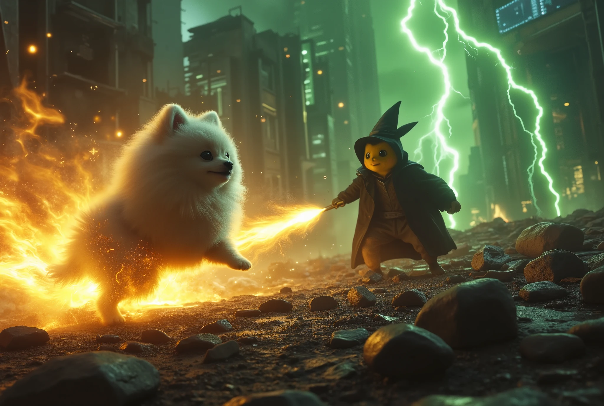 A battle scene featuring a white Pomeranian engulfed in fire burning, charging forward with fiery energy, against Pikachu dressed as Voldemort. Pikachu is wearing a dark cloak and wielding a wand, casting a green lightning. The battlefield is set in the ruins of a destroyed city at night. And green Massive green lightning.