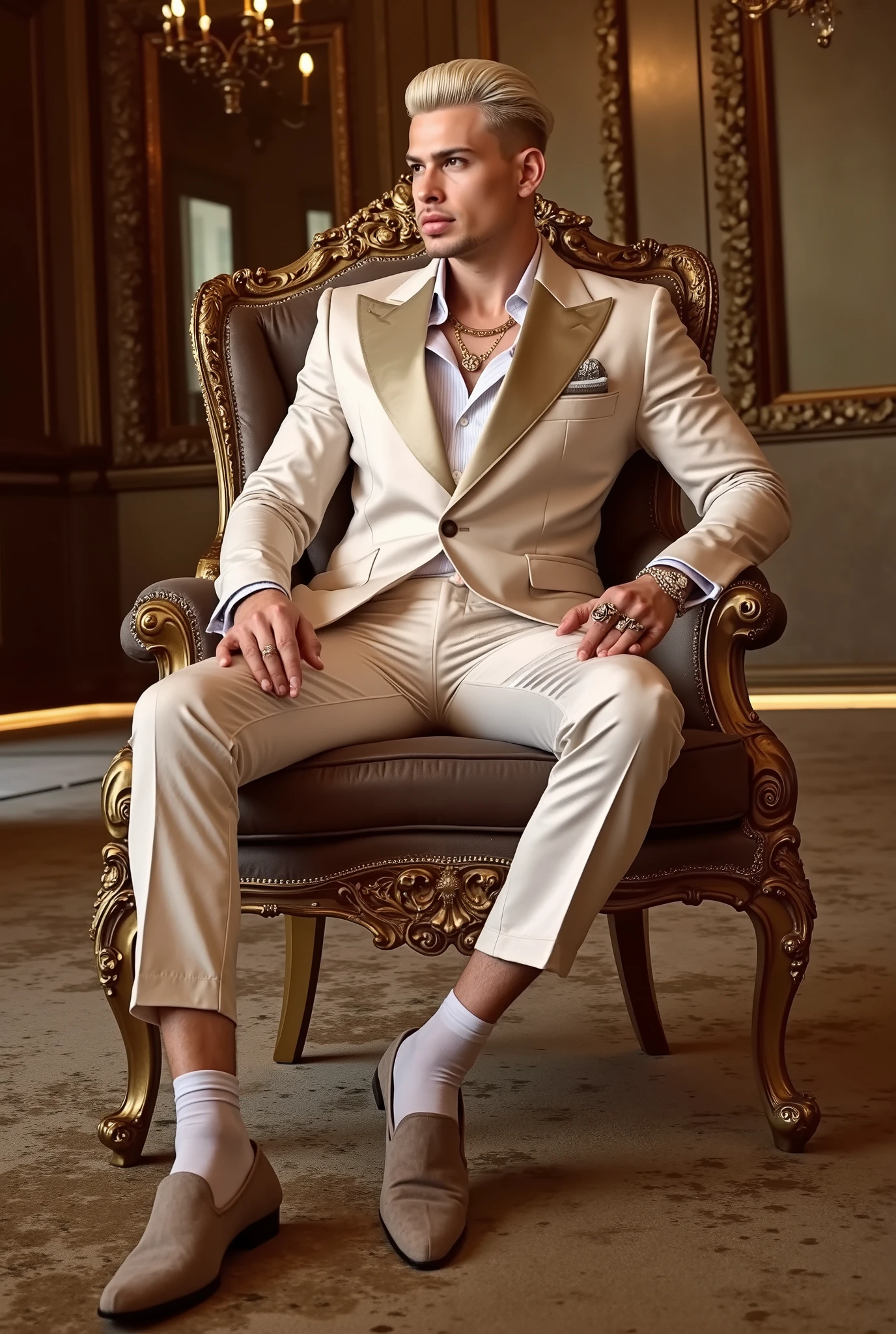 full body photo of a wealthy white perverse Prince, arrogant, powerful, handsome, somptuous brocard silky suit and clothing, gold & diamond rings, necklaces, bracelets, hyper-somptuous short sculpted blonde haircut, hyper-short upturned tiny nose, inflated siliconed luscious lips, his white sheer socks must be seen, elegant luxurious chic loafers. throne hall, high-luxury