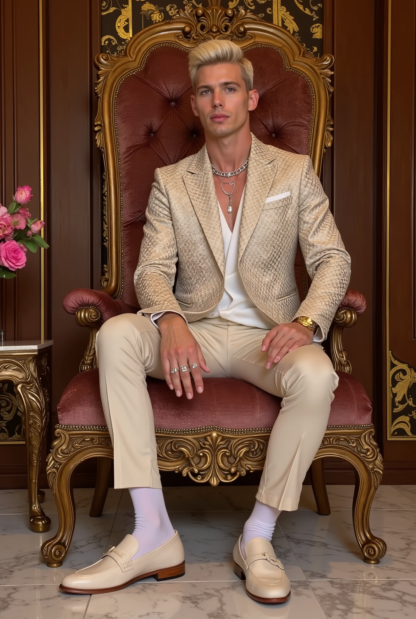 full body photo of a wealthy white perverse Prince, arrogant, powerful, handsome, somptuous brocard silky suit and clothing, gold & diamond rings, necklaces, bracelets, hyper-somptuous short sculpted blonde haircut, hyper-short upturned tiny nose, inflated siliconed luscious lips, his white sheer socks must be seen, elegant luxurious chic loafers. throne hall, high-luxury