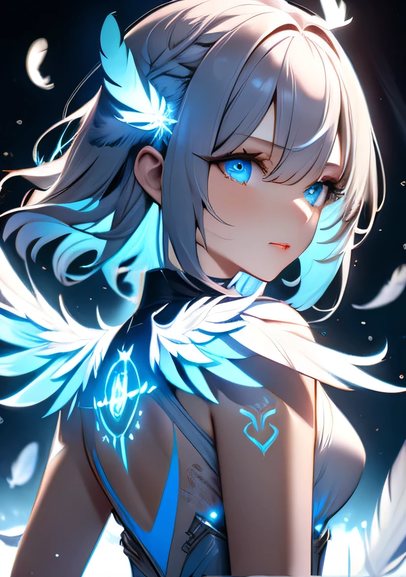 masterpiece,highest quality,ultra-detailed,high-definition background,8k,hi-res,high quality,break,A woman with wings engraved with glowing runes all over her body , an accurate and ultra-fine luminescent emblem 、 (feathers:1.3)、