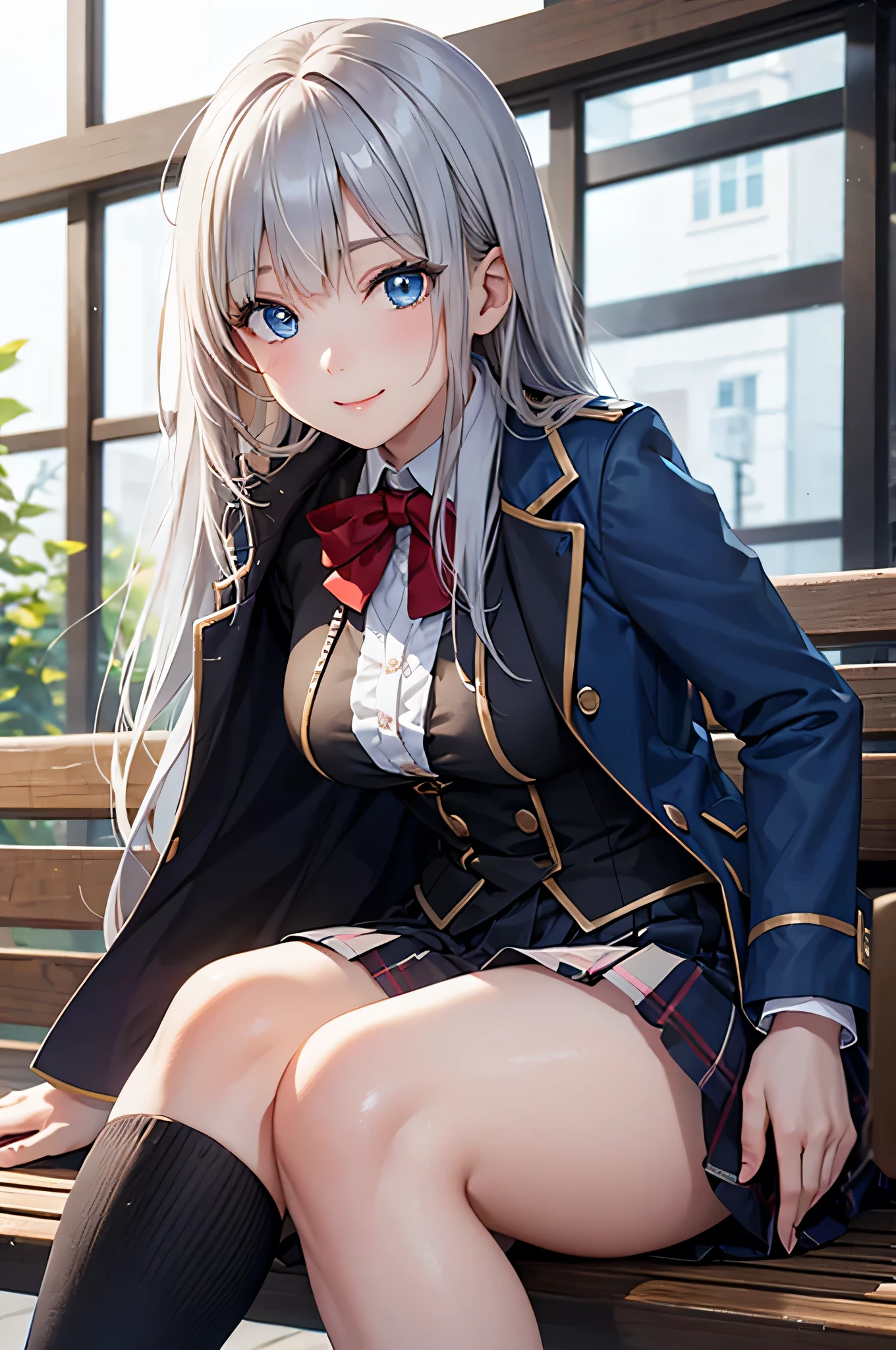 Anime - style image of a woman sitting on a bench with a bow tie ...