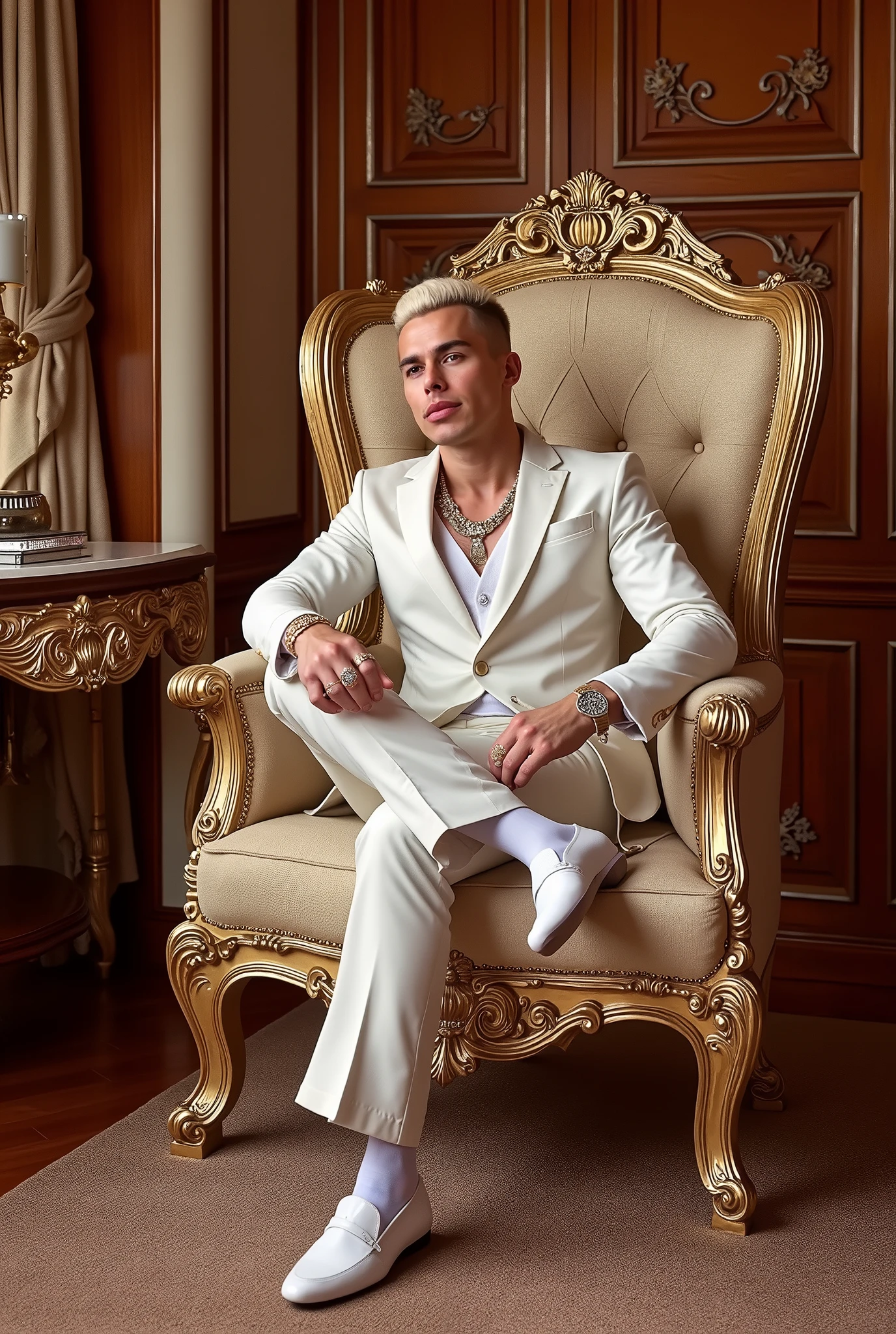 full body photo of a wealthy white perverse Prince, arrogant, powerful, handsome, somptuous brocard silky suit and clothing, gold & diamond rings, necklaces, bracelets, hyper-somptuous short sculpted blonde haircut, hyper-short upturned tiny nose, inflated siliconed luscious lips, his white sheer socks must be seen, elegant luxurious chic loafers. throne hall, high-luxury