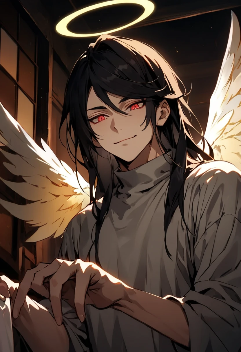 absurdres, highres, ultra detailed, (1man, 20 years old man, young adult man, handsome,) (Slim build), tall, finely detailed eyes and detailed face, white turtleneck sweater, ((((Very Long, black hair with swoop bangs)))), sexy, (red eyes), high quality eyes, proper hands, male, Warm smile, happy expression, (golden glowing halo: 1.2), ((landing_wings, large white Angel Wings)) ,dramatic lighting, ((Japanese style room)), warm feeling, romantic, Night time