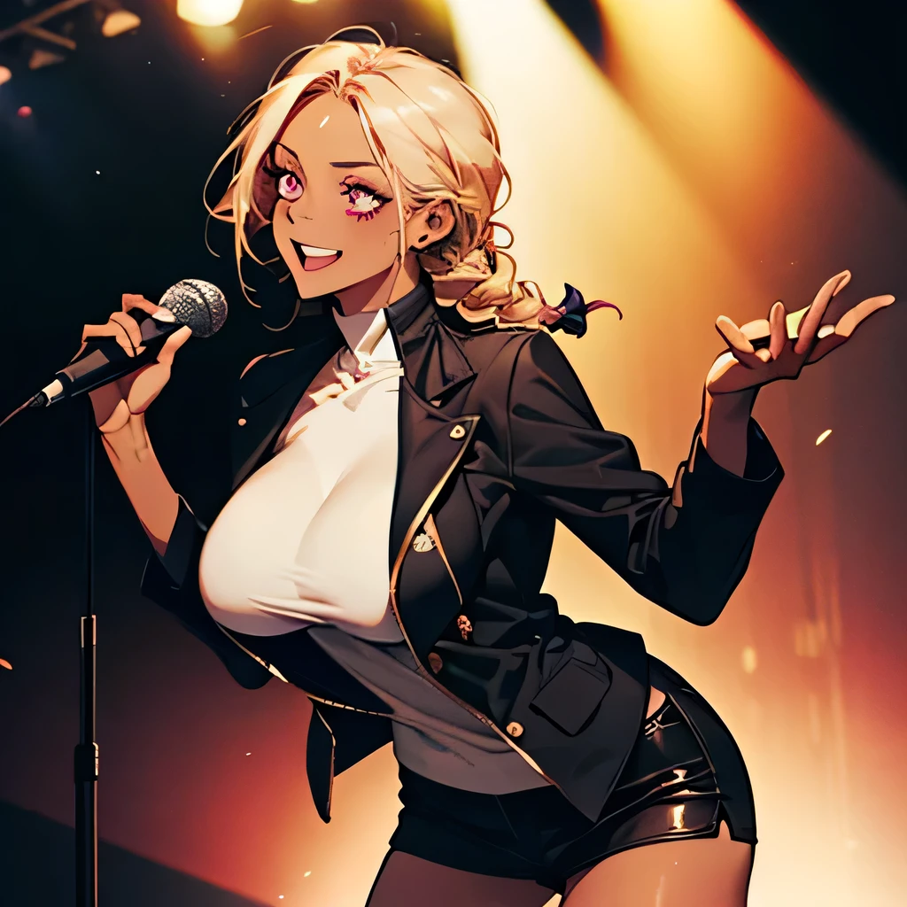 (masterpiece, best quality:1.3), 3 girl, large breasts, on stage, park, Slingshot Swimsuit, sl1ngsh07, female idol band, holding mic, singing, twintails, colored hair, colored eyes, smile, open mouth, pretentious face,