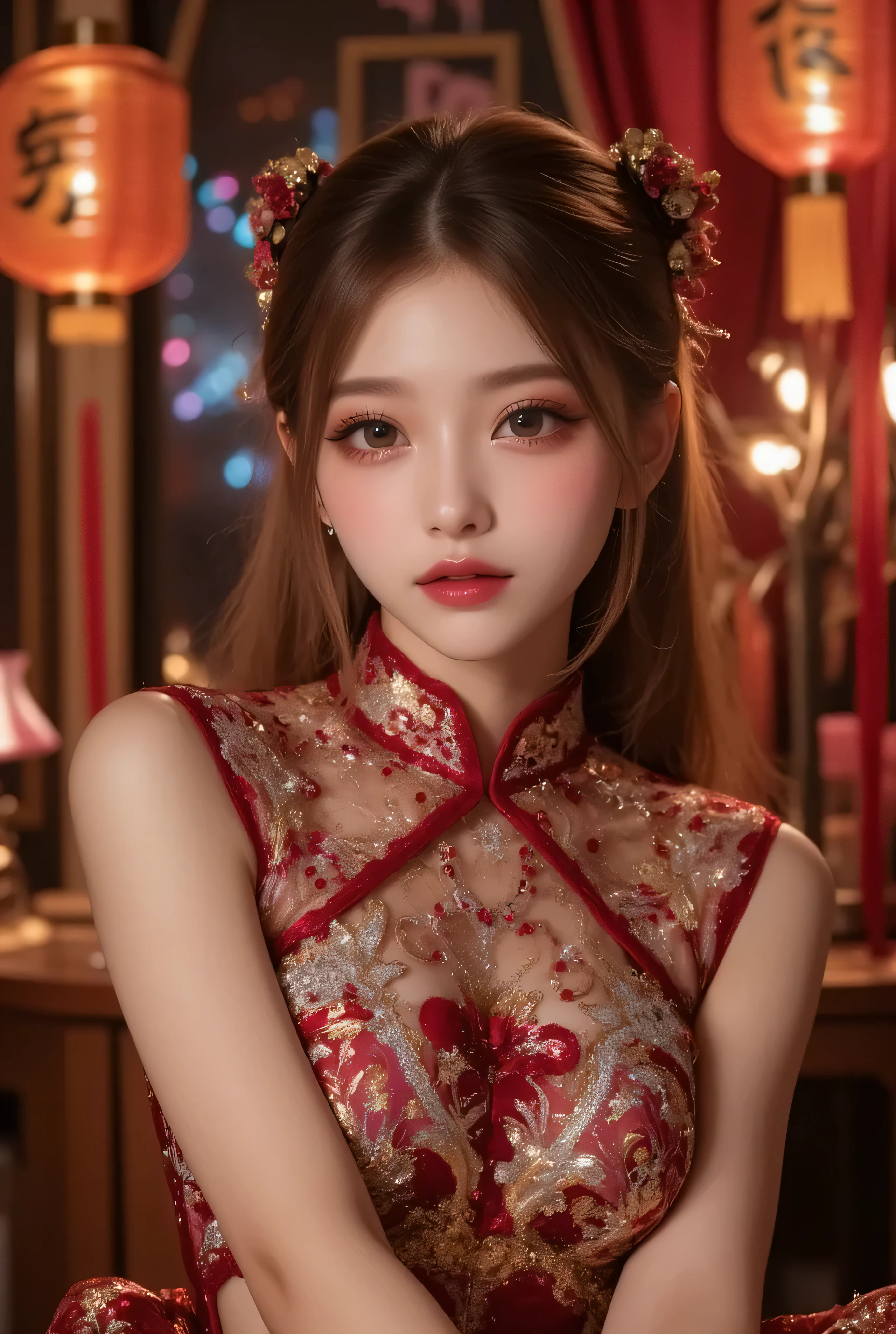 Cat ears、 face up, attractive, pretty girl, ponytail、few beautiful lady hair decorations, (( fine facial features , eroticism)), dramatic lighting , realistic , 8k, Dramatic Shadows , intricate and elaborate patterns , super detailed photo , chiaroscuro lighting , Pleasant colors , deep contrast , super real 、 pink lipstick、 warm room、Vintage Fireplace 、 cinematic composition、Close-up of face, pretty half part transparent open shoulder loose outfits dress, tang style, A beautiful Korean idol wearing a one piece red-transparent-black-silver-go;d-purple-green shinning tightly cheongsam with phoenix and intricate floral golden embroidery, golden and silver outline on dress, standing gracefully in a room filled with traditional Chinese New Year decorations. The room features vibrant red lanterns, decorative calligraphy scrolls, a small Chinese orange tree with golden ornaments, and several red envelopes scattered across the floor and hanging from the tree. Adorable, playful cats are part of the scene—some sitting near the tree, others curiously pawing at the red envelopes or lounging around. Through a window or an open door in the background, vibrant Chinese fireworks light up the night sky in an array of reds, golds, and blues, casting a magical glow into the room. The idol’s outfit is paired with subtle accessories like red hairpins or earrings, complementing the festive look. The atmosphere is warm and lively, filled with the joyful essence of the celebration, enhanced by the shimmering lights of the fireworks and the lively decor.