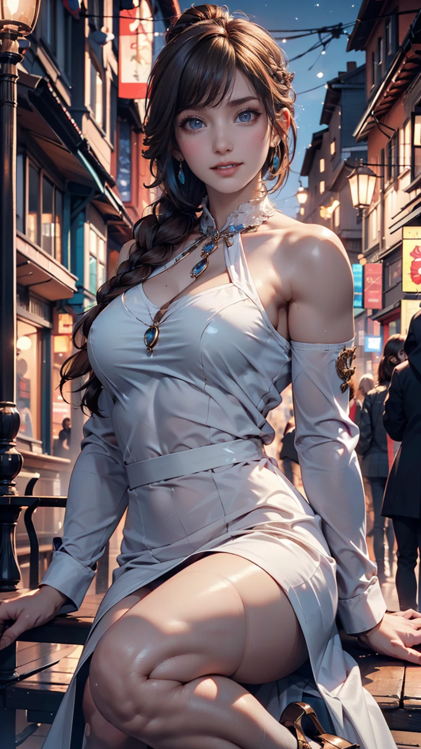 Jinx , beautiful detailed face, Beautiful petite girl long braided hair, minidress, ((elegant clothes)), ultra real and detailed, concept art, intricate details, highly detailed, photorealistic, octane render, 8 k, unreal engine. art by Nick alm and Greg Rutkowski, thighs, legs, tired