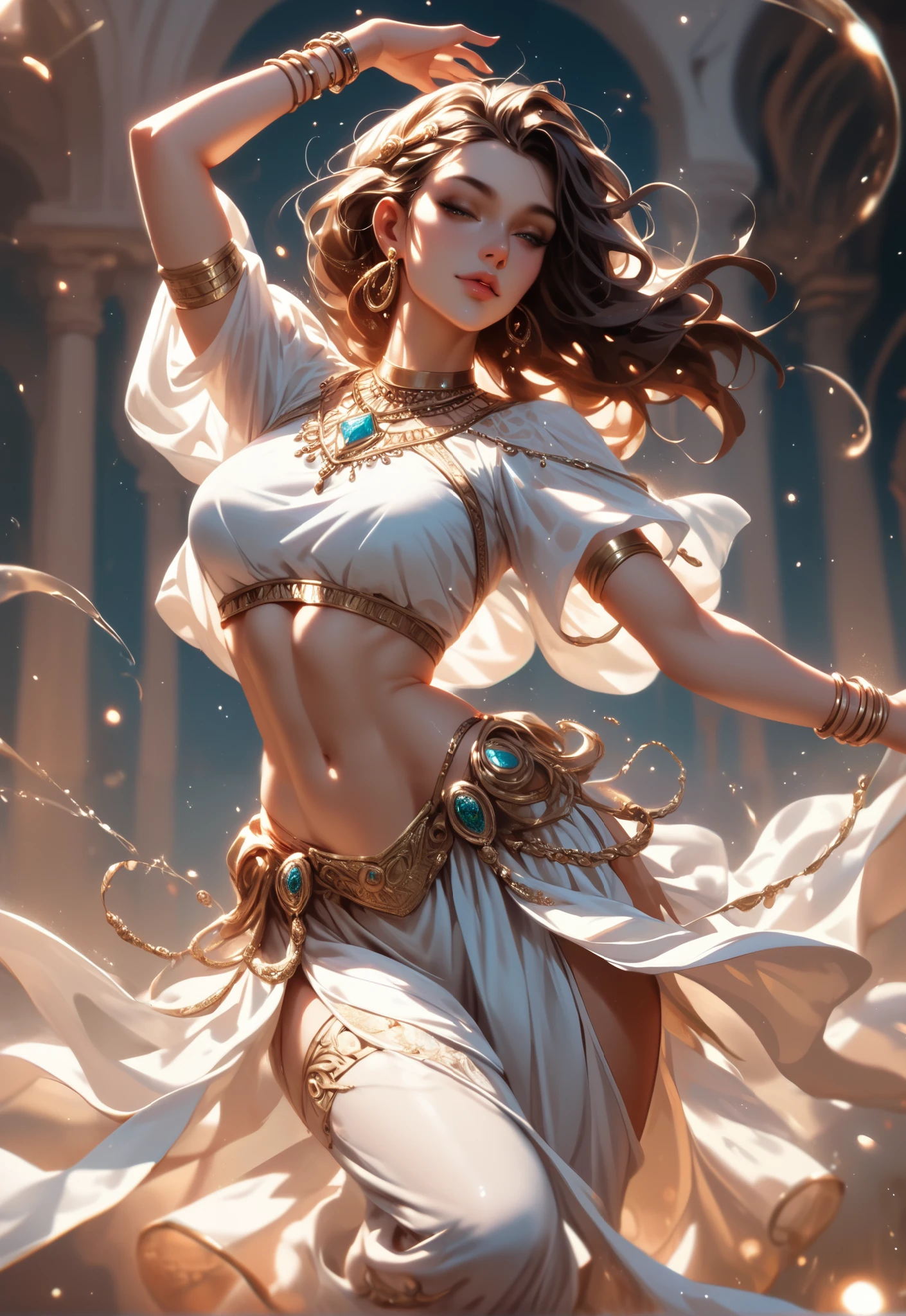 solo,1girl, midriff, bracelet, skirt, dancer, dancing, arabian clothes, crop top, pelvic curtain, shadowheart (baldur's gate)