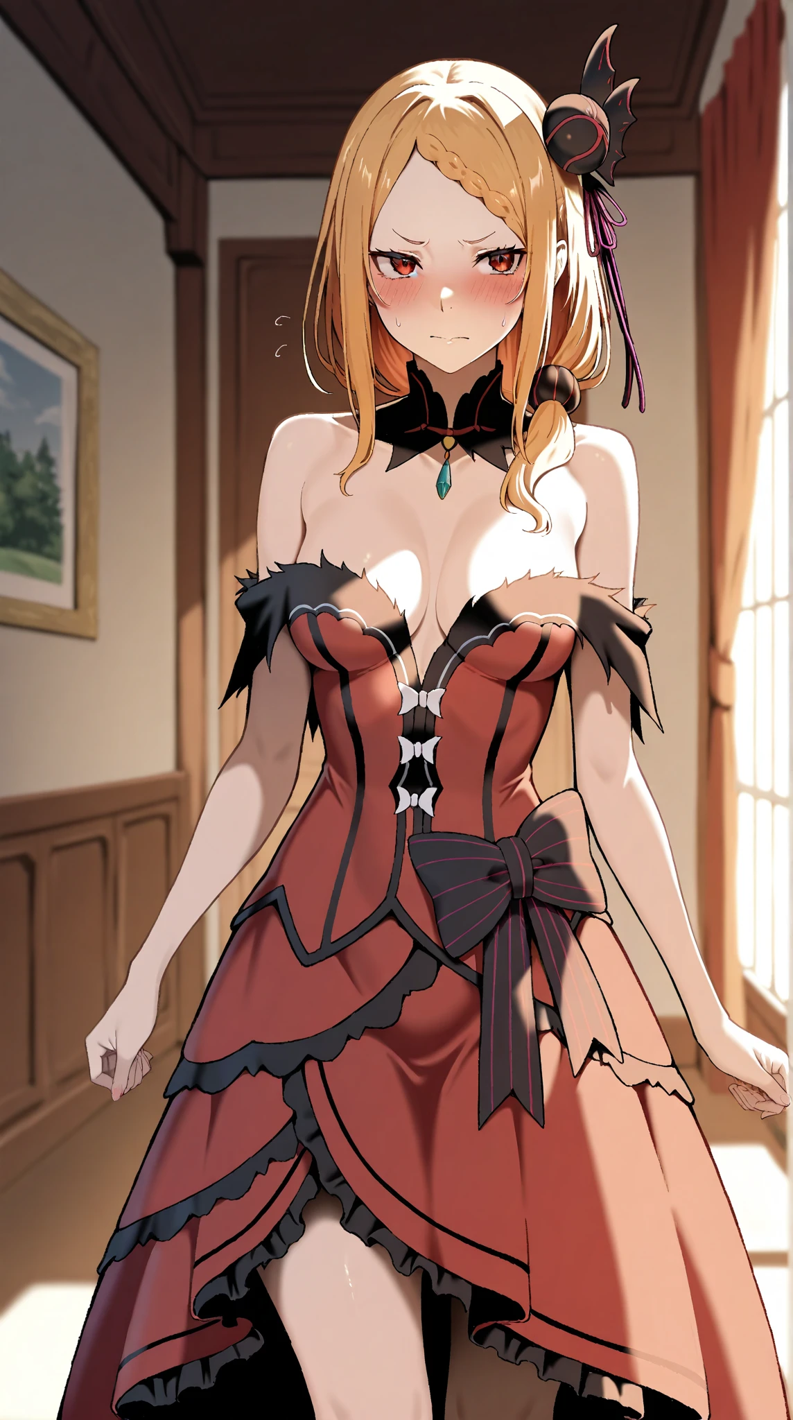 (masterpiece, best quality:1.2), solo, 1girl, kiss-shot, smile, looking at viewer, holding, katanaonehand, katana, red dress, white gloves, elbow gloves, bare shoulders, cleavage