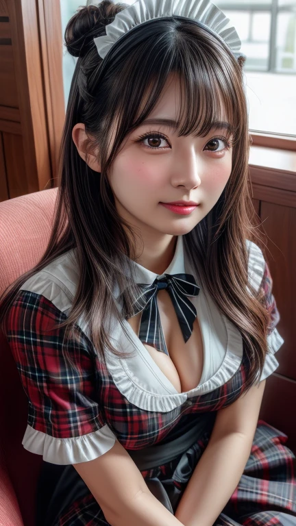 (Highest quality、Tabletop、、Best image quality、Award-winning works)、Very cute school girl、けたWhite polyester collared shirt、Short sleeve:1.4)、(Navy Pleated Skirt:1.1)、Girl portrait photography、Glowing Skin、Brown Hair、Are standing、View your viewers、Sculpture Pose、(Classroom Background:1.45)、(Large Breasts:1.8)、Accentuate your body lines:1.1)、Very large red ribbon tie、Very long hair:1.75、((Male facial expressions&#39;His face after being raped by a group of women:1.95))