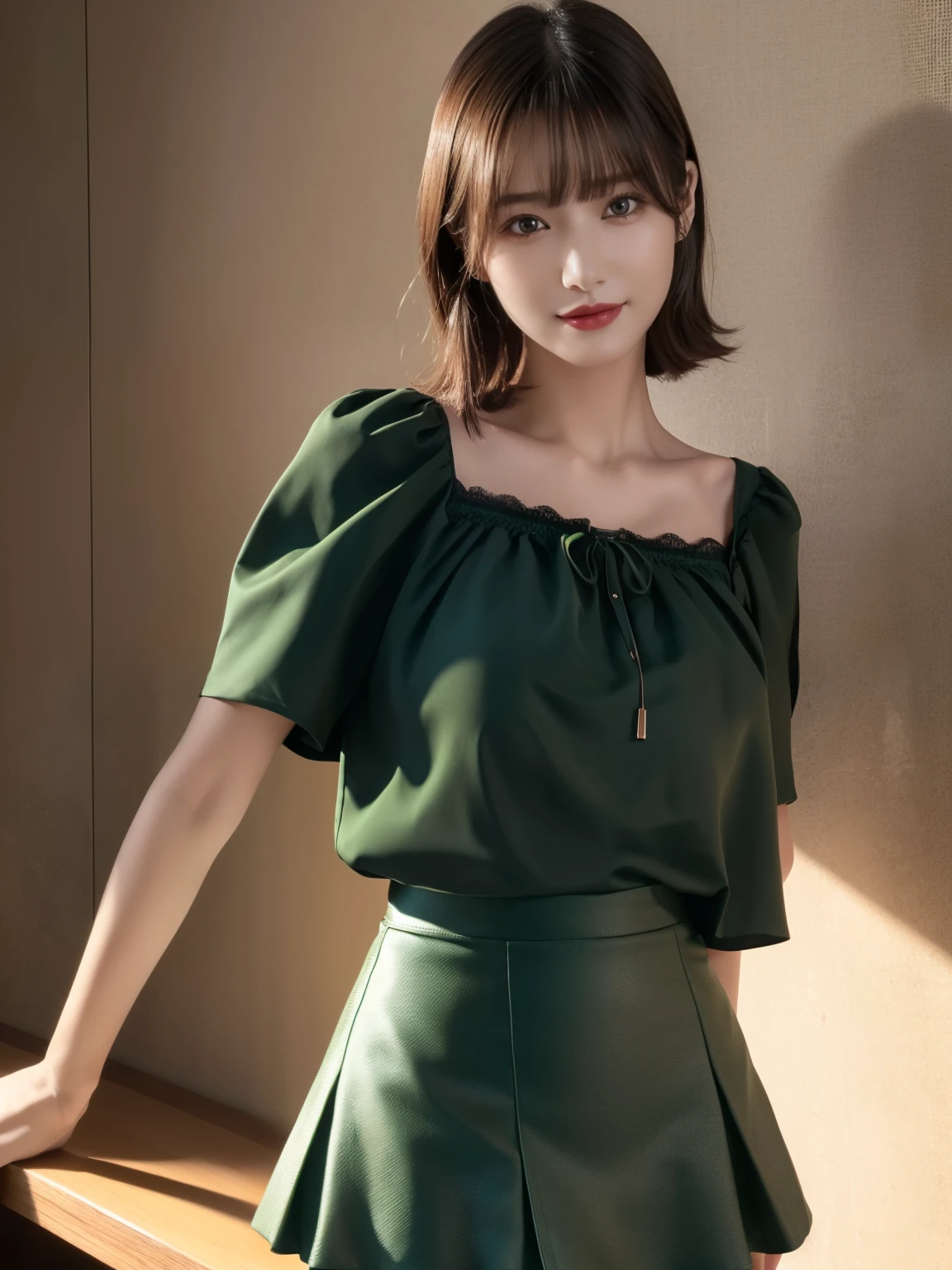 1 girl,(Wearing a dark green short-sleeved camisole blouse with short skirt:1.4),(RAW Photos, highest quality), (realistic, realistic:1.4), Tabletop, Very delicate and beautiful, Very detailed, 2k wallpaper, wonderful, In detail, very detailed CG Unity 8K wallpaper, Very detailed, High resolution, Soft Light, Beautiful detailed girl, Very detailed目と顔, Beautiful and sophisticated nose, Beautiful and beautiful eyes, Dark pink lipstick, Normal chest, Cinema Lighting, Sunset spring green aark, Perfect Anatomy, Slender body, smile, Straight Medium Hair, ((Randomly oriented body)), Face looking at camera, 28 years old,