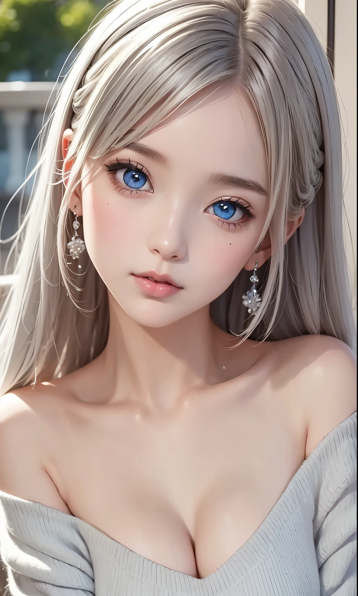 There is a woman in a white dress, artwork in the style of Gwaiz, Gwaiz on pixiv artstation, Gwaiz on artstation pixiv, Gwaiz, Fantasy art style, Gwaiz masterpiece, Beautiful and elegant queen, Beautiful character drawings, Detailed digital anime art, Blonde Princess, Gray Hair, Sky blue eyes, Pink Lips, off shoulder sweater, cool girl face, beautiful eyes, face type, reika, Tilt her head, ((from over head))