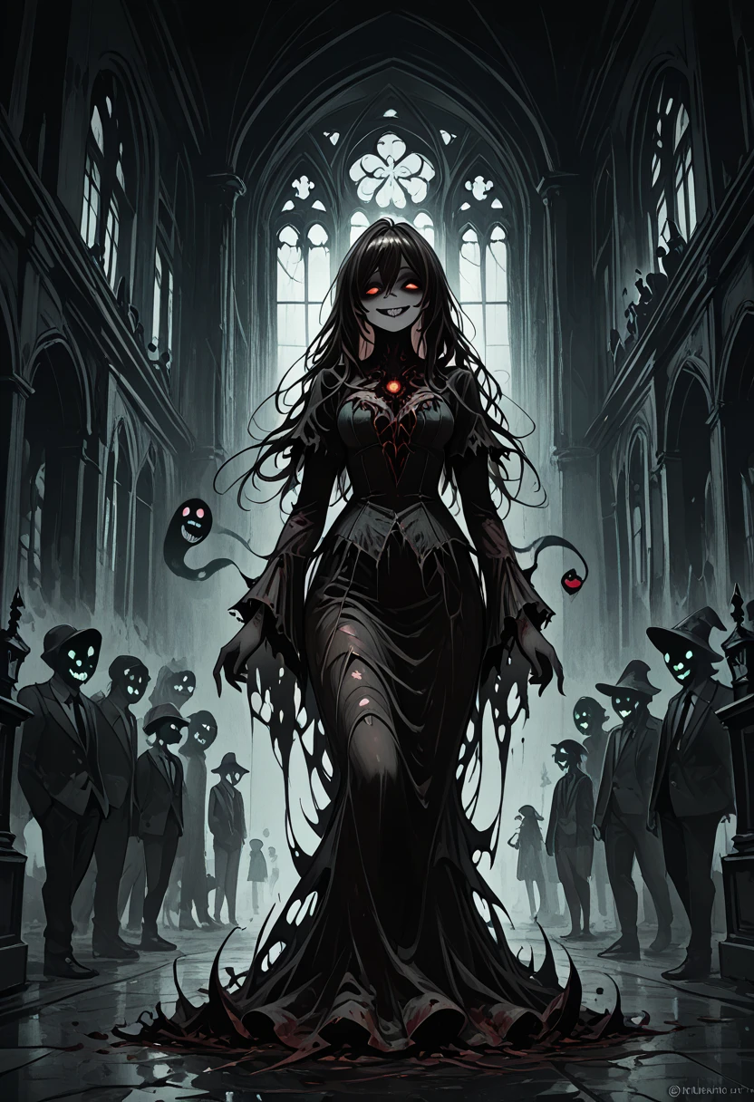 ultra detailed, absolutely resolution, masterpiece, haunted mansion, grin evil smile ghost, poltergeist, dark horror fantasy, dark and scary, terrifying, various foggy effects, extremely delicate depiction, extremely clear image, bold and dynamic, contrasts of light and shadow, artistic photography, hyper realistic