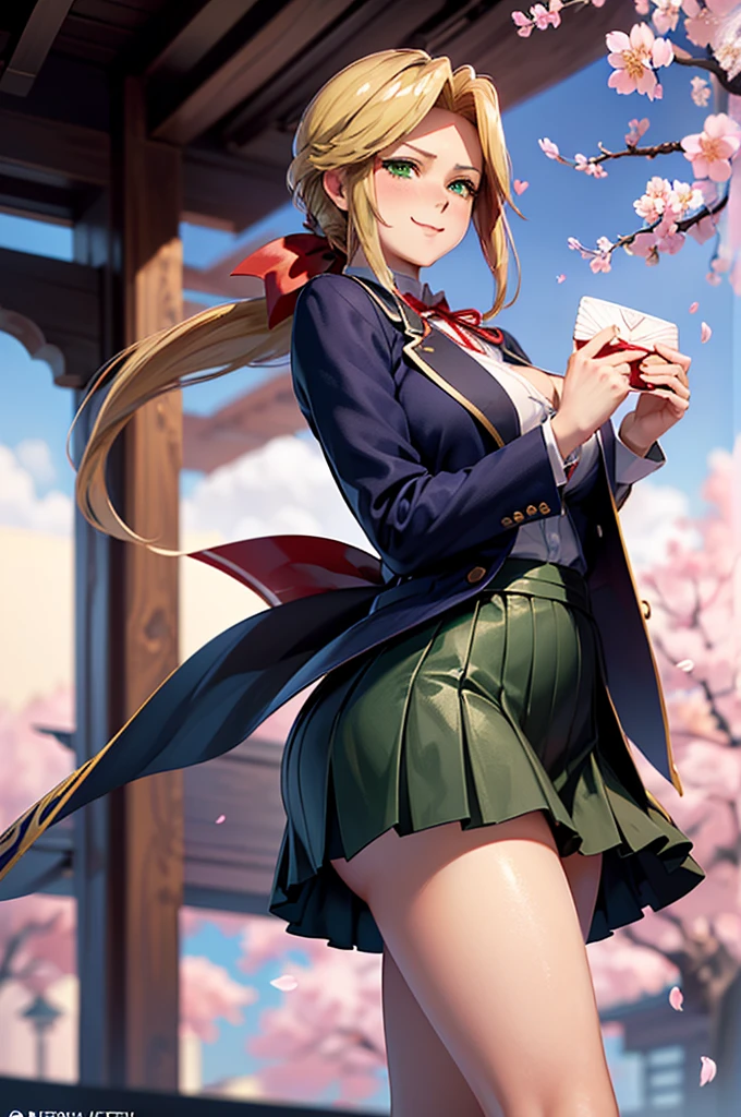 8k(((((((back,turn around,handing over a love letter,walk, Cherry tree、The wind blows and the cherry blossoms dance, A road lined with cherry trees:1.5)))))))
A crooked smile, the face we seek((woman,Huge breasts, (Huge breasts:1.4),とても唇が赤いHuge breastsを強調,Big Ass,Narrow waist,Long legs,Green Eyes立っている)) 8k((((Anime Style),(The facial expression is good:1.3))))8k(((((Anime Style)Green Eyes)))) 8k((Standing at the station))8k((Waiting for a train at the station))8k((Morning))8k((Beauty))((学生blazer15
歳学生
服 緑のネクタイ, blazer, Pleated skirt))