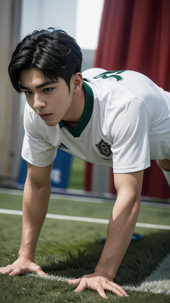 Young Asian man from Thailand, James Jirayu, looks at the camera. in a black sports shirt , Fieldside, sunlight, looking at the football field