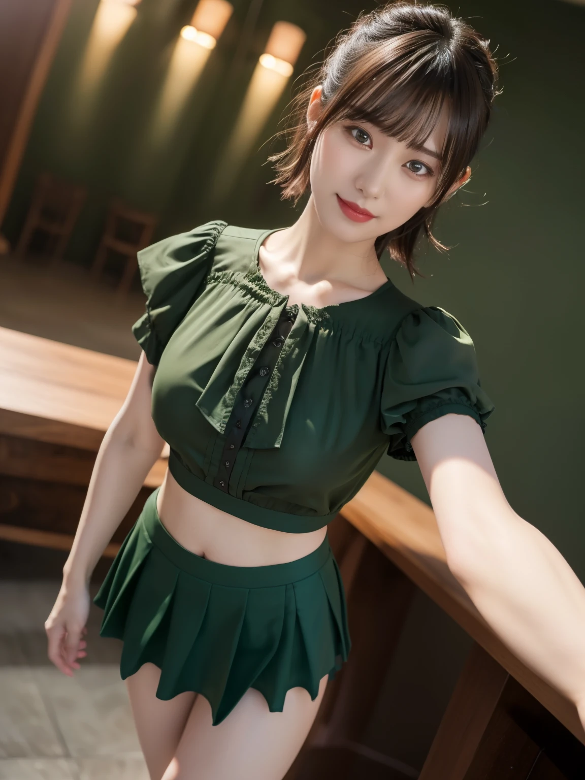 15 year old girl, , slim, flat chest, short white hair, extremely curly, perfect face, short dress, green color, Victorian, long sleeve, to the neck, showing her legs, holds a short sword with both hands. whole body, standing, In a forest, at night.