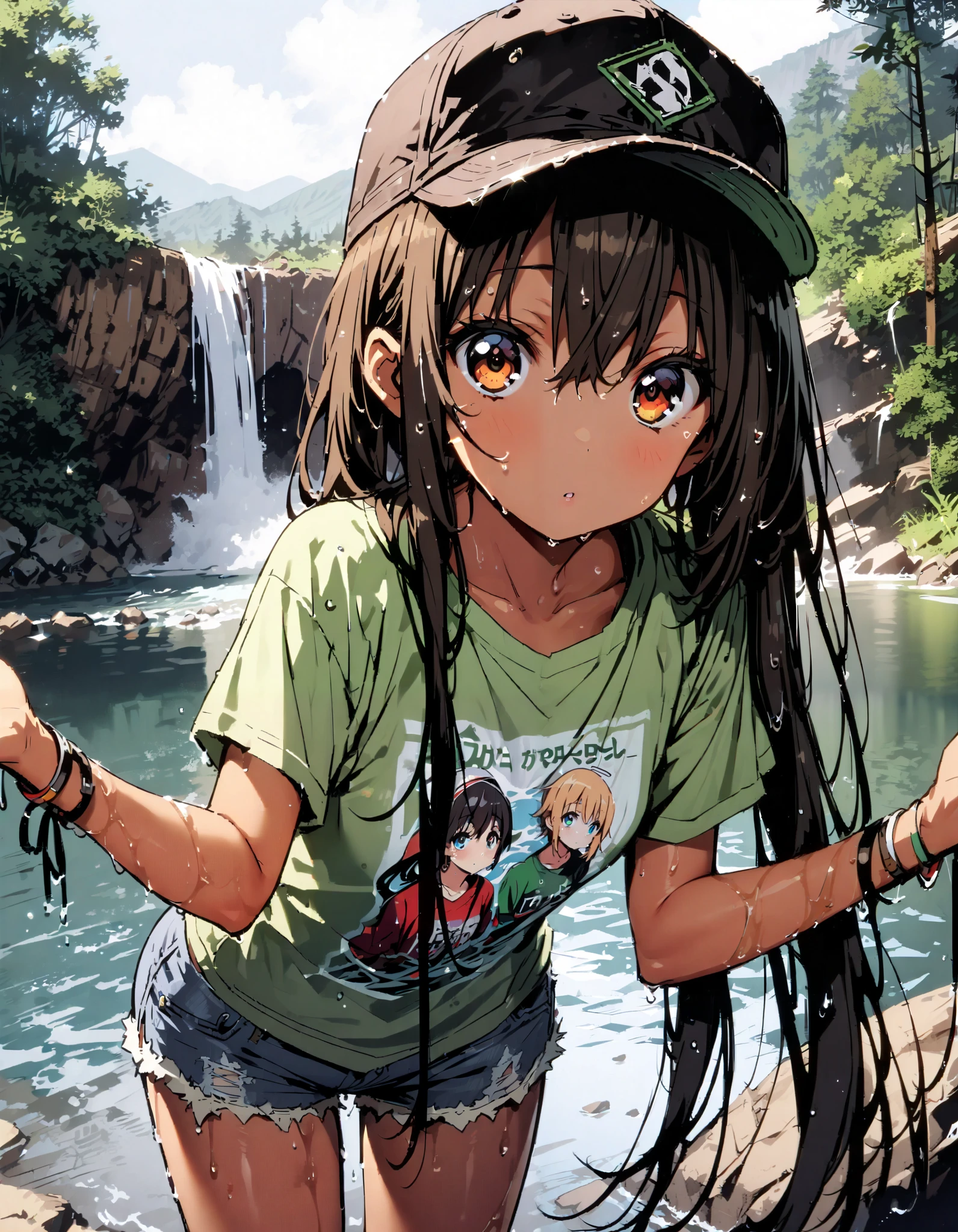 score_9, score_8_ up the side, score_7_ up the side, source_Anime,
Azusa Nakano, black hair, brown eyes, long hair, low twin tail, tan, brown skin,Baseball hats,green t-shirt ,The hem of the t-shirt is tied,river遊び, playing in the water, denim micro shorts ,Wet clothes, wet hair, wet skin, standing, so that the whole body fits into the illustration,
break outdoors, river,Mountain,waterfall,forest,
break looking at viewer,
break ( Masterpiece:1.2), top quality , kampala, Unity 8k Wallpaper,(shape:0.8),( fine, beautiful eyes :1.6),It's a person , full body photo,CG Details , ( perfect hands, Complete Anatomy),