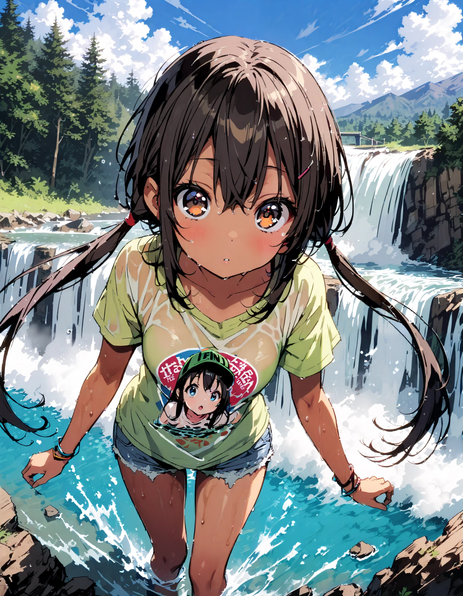 score_9, score_8_ up the side, score_7_ up the side, source_Anime,
Azusa Nakano, black hair, brown eyes, long hair, low twin tail, tan, brown skin,Baseball hats,green t-shirt ,The hem of the t-shirt is tied,river遊び, playing in the water, denim micro shorts ,Wet clothes, wet hair, wet skin, standing, so that the whole body fits into the illustration,
break outdoors, river,Mountain,waterfall,forest,
break looking at viewer,
break ( Masterpiece:1.2), top quality , kampala, Unity 8k Wallpaper,(shape:0.8),( fine, beautiful eyes :1.6),It's a person , full body photo,CG Details , ( perfect hands, Complete Anatomy),