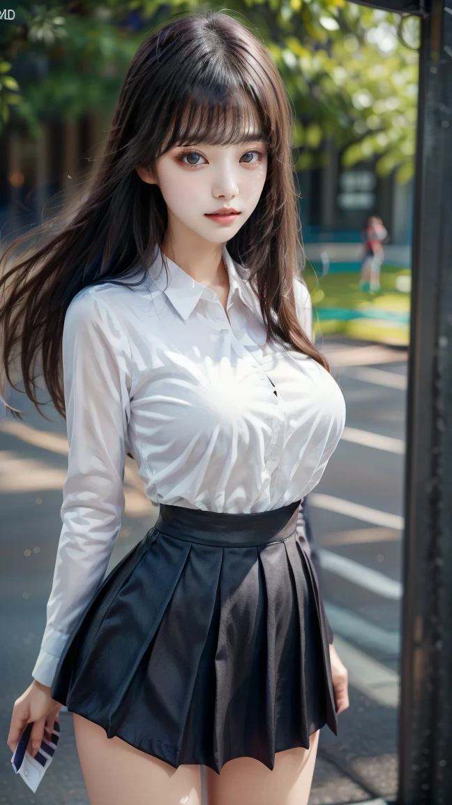 ((Best Quality, 8K, Masterpiece: 1.3)), Sharp: 1.2, Perfect Body Beauty: 1.4, Slim Abs: 1.2, ((Layered Hairstyle, Big Breasts: 1.2)), (Wet White Button Long Shirt: 1.1), (Rain, Street: 1.2), Wet: 1.5, Highly detailed face and skin texture, detailed eyes, double eyelids, side face looking at the camera