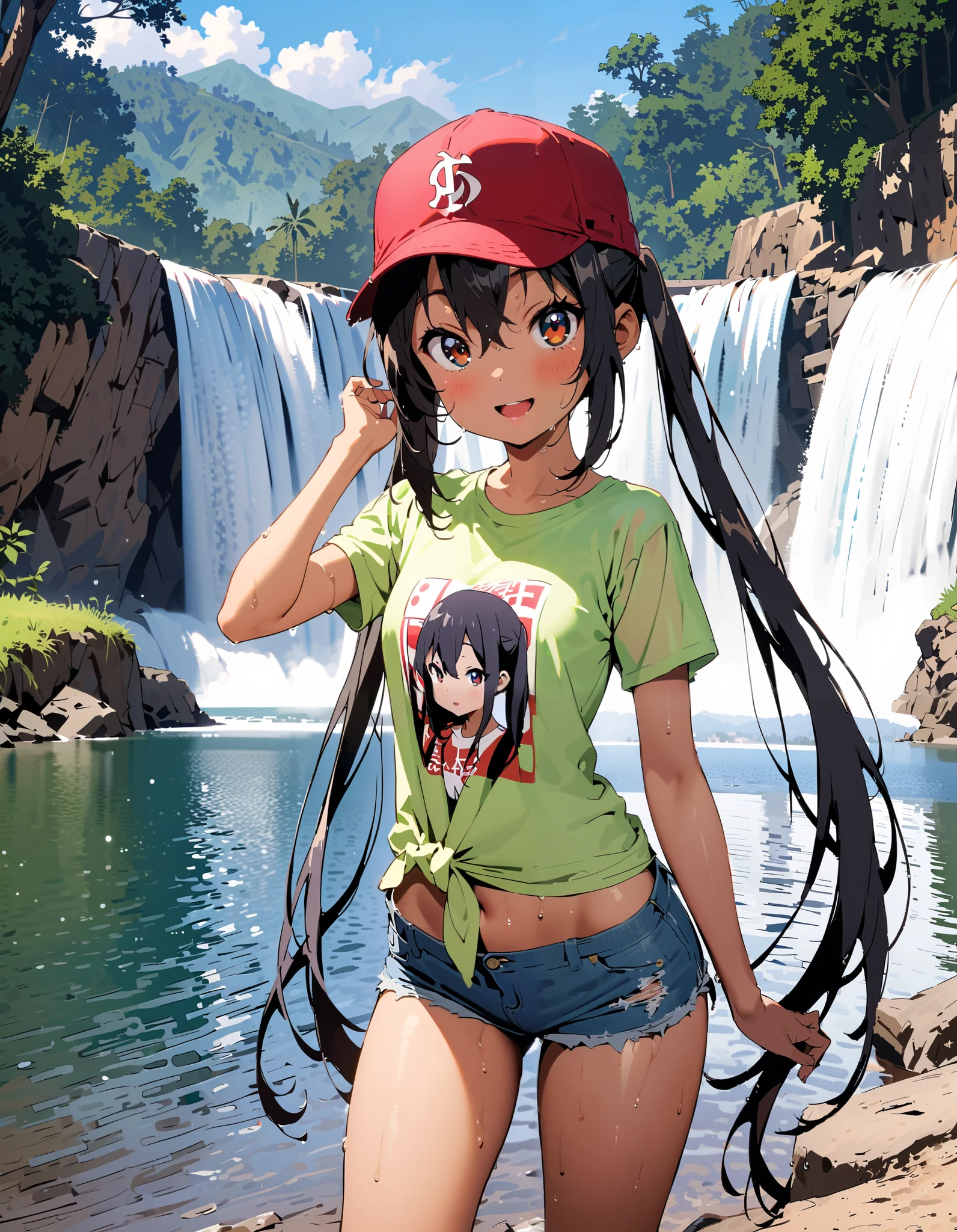 Azusa Nakano, black hair, brown eyes, long hair,smile,blush, open your mouth, low twin tail, tan, brown skin,Baseball hats,green t-shirt ,The hem of the t-shirt is tied,river遊び, playing in the water, denim micro shorts ,Wet clothes, wet hair, wet skin, standing, so that the whole body fits into the illustration,
break outdoors, river,Mountain,waterfall,forest,
break looking at viewer,
break ( Masterpiece:1.2), top quality , kampala, Unity 8k Wallpaper,(shape:0.8),( fine, beautiful eyes :1.6),It's a person , full body photo,CG Details , ( perfect hands, Complete Anatomy),