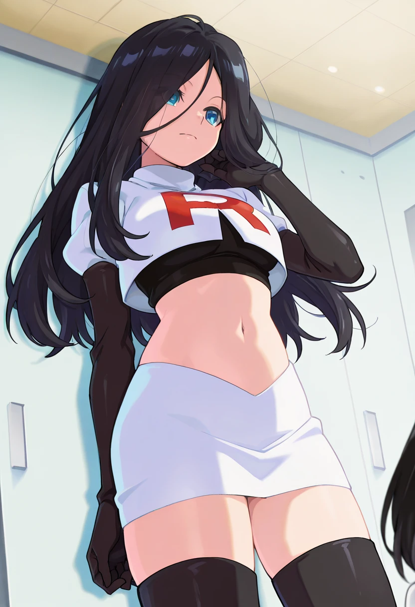 masterpiece, best quality, team rocket,team rocket uniform, swxy, virjin, stupid, villian,female officer's uniform, crop top, black pants, put pants over pelvis, kids panty