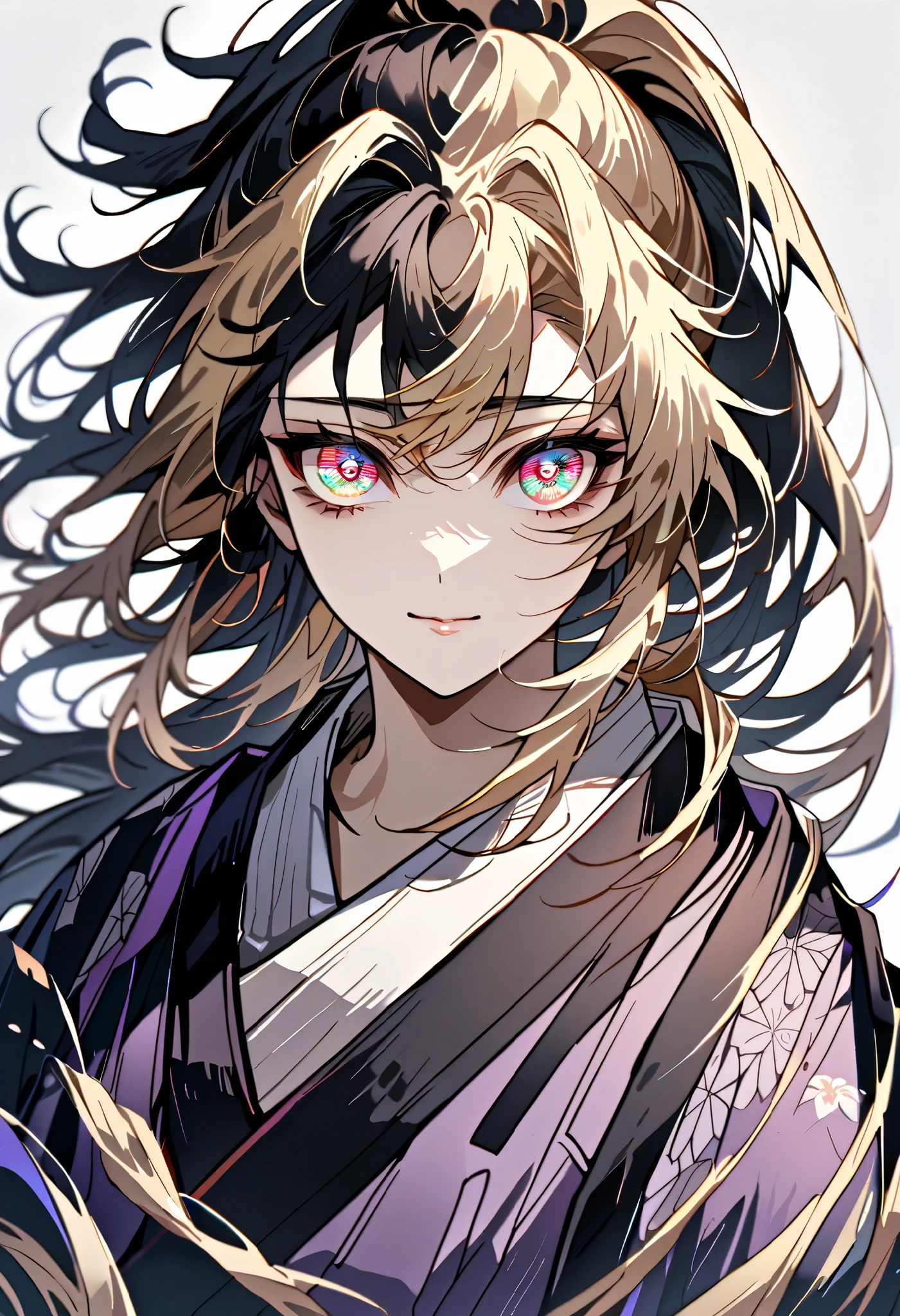 absurdres, highres, ultra detailed, 1girl, solo, beautiful, Japanese clothes, Rainbow eyes, ((Two eyes)), ponytail, long hair, black hair, blond hair, two-tone hair, wide sleeves, looking at viewer, soft smile,