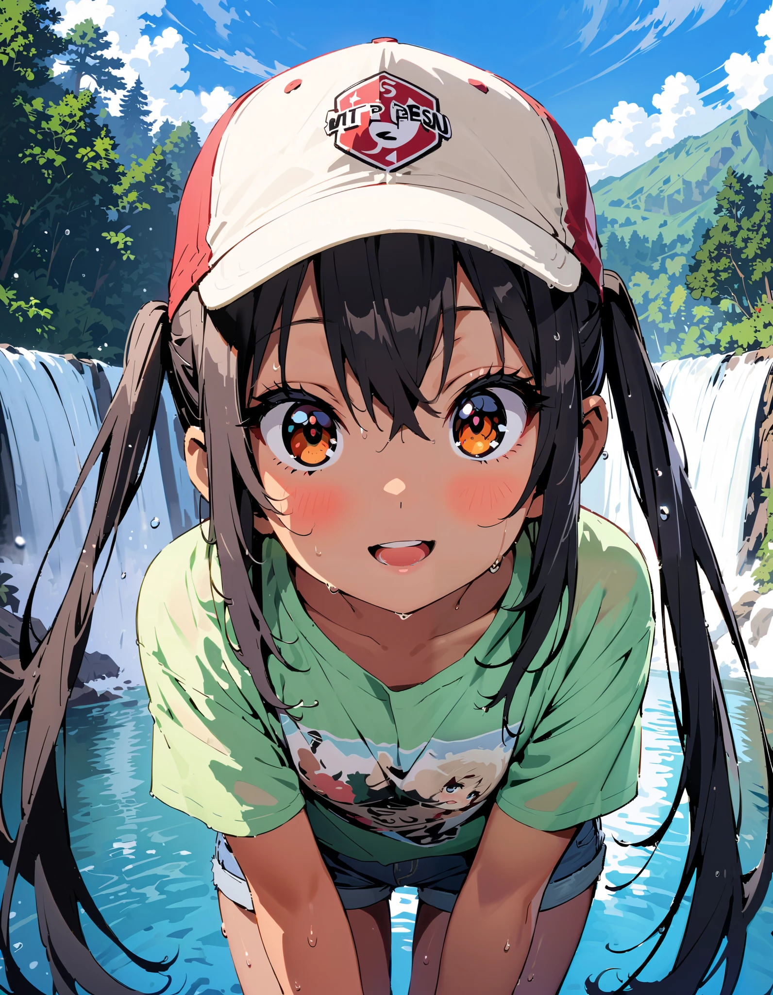 Azusa Nakano,   black hair,  brown eyes, Alone, long hair,smile,blush, open your mouth,  low twin tail, tan, brown skin,Baseball hats,green t-shirt ,The hem of the t-shirt is tied,river遊び, playing in the water, denim micro shorts ,Wet clothes, wet hair, wet skin, standing, so that the whole body fits into the illustration,
break outdoors, river,Mountain,waterfall,forest,
break looking at viewer,
break ( Masterpiece:1.2), top quality , kampala, Unity 8k Wallpaper,(shape:0.8),(  fine, beautiful eyes  :1.6),It's a person , full body photo,CG Details , ( perfect hands, Complete Anatomy),