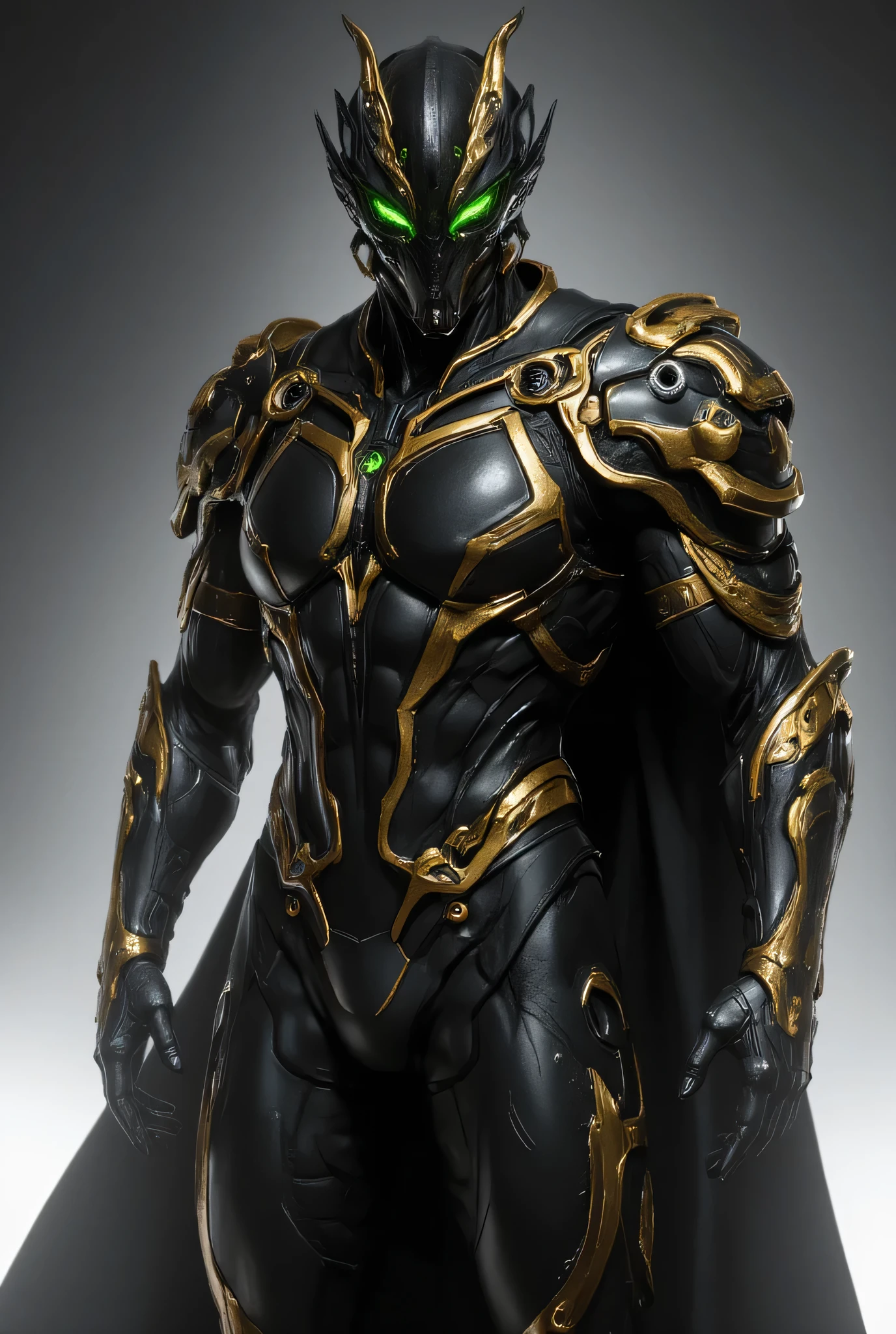  This image shows a character wearing black and gold armor.  The armor design is very complex , Has green glowing elements .  The character's posture is very elegant ,  left hand raised ，Right hands hanging naturally.  The armor is very detailed ,  including shoulder decorations and intricate chest patterns .  The overall appearance gives people a sense of strength and mystery .