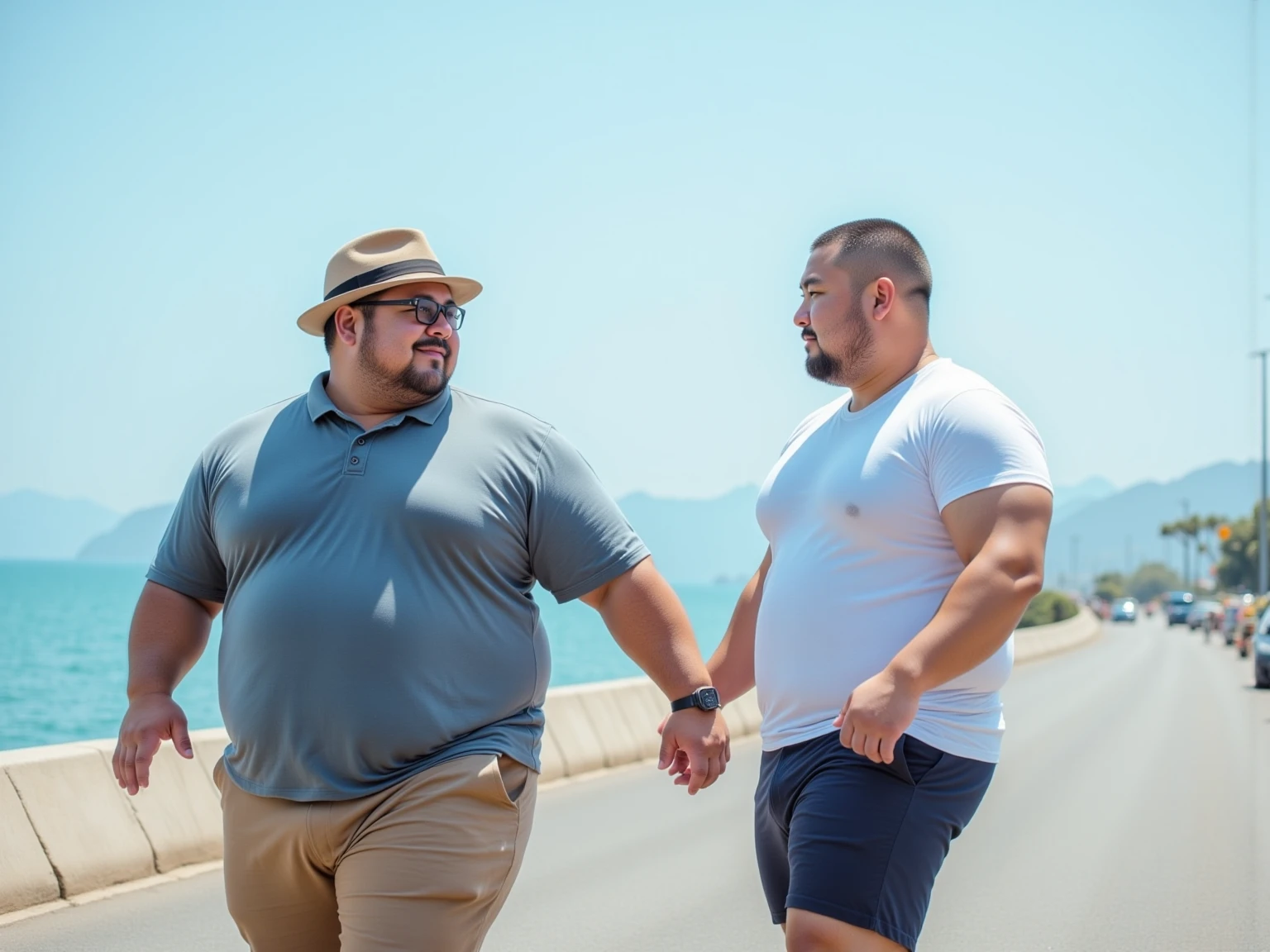 Very fat man smiling,  walking hand in hand with a young girl , pretty, and sensual walking down the street, with trees 