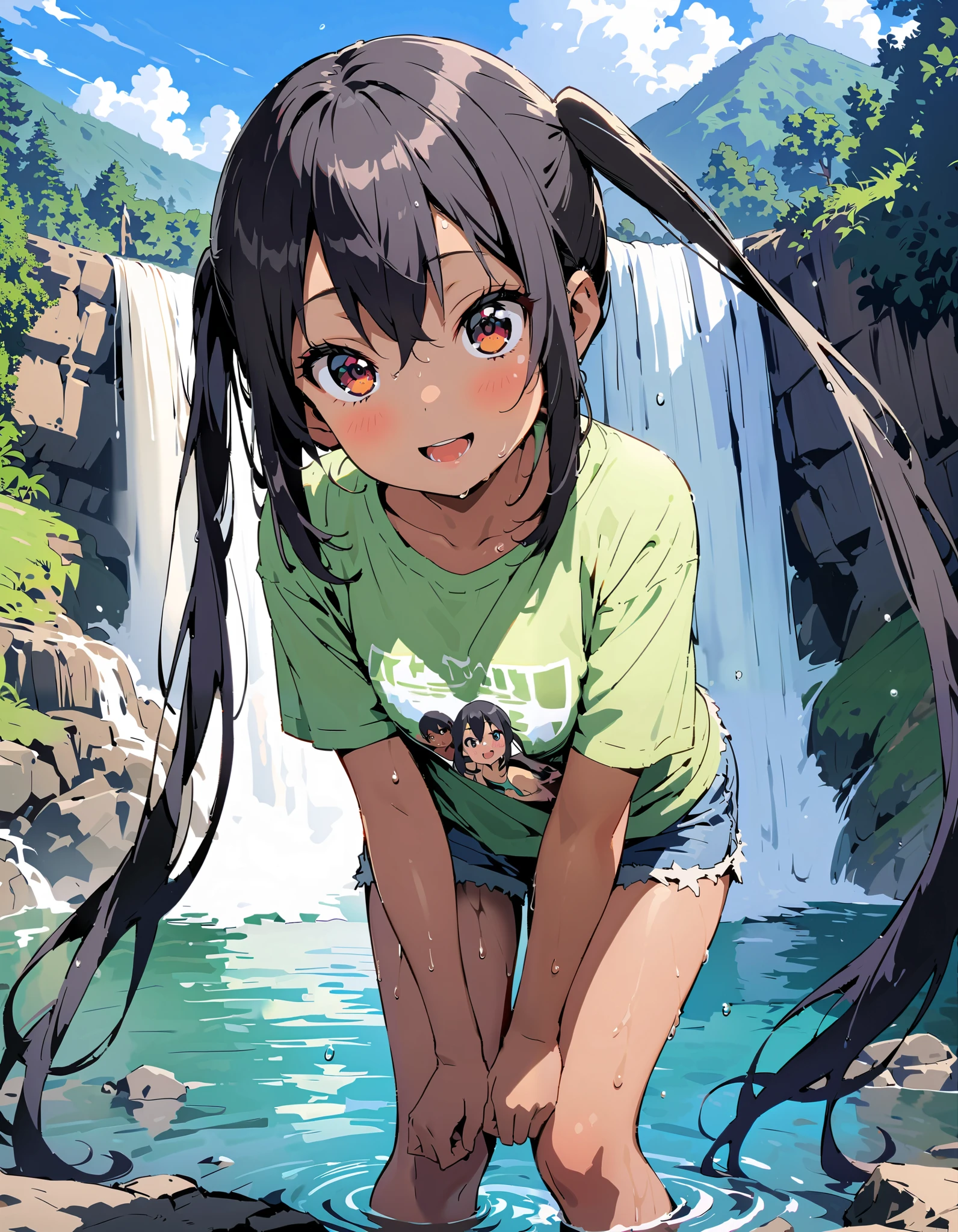 Azusa Nakano, black hair, brown eyes, Alone, long hair,smile,blush, open your mouth, low twin tail, tan, brown skin,green t-shirt ,The hem of the t-shirt is tied,river遊び, playing in the water, denim micro shorts ,Wet clothes, wet hair, wet skin, standing, so that the whole body fits into the illustration,
break outdoors, river,Mountain,waterfall,forest,
break looking at viewer,
break ( Masterpiece:1.2), top quality , kampala, Unity 8k Wallpaper,(shape:0.8),( fine, beautiful eyes :1.6),It's a person , full body photo,CG Details , ( perfect hands, Complete Anatomy),