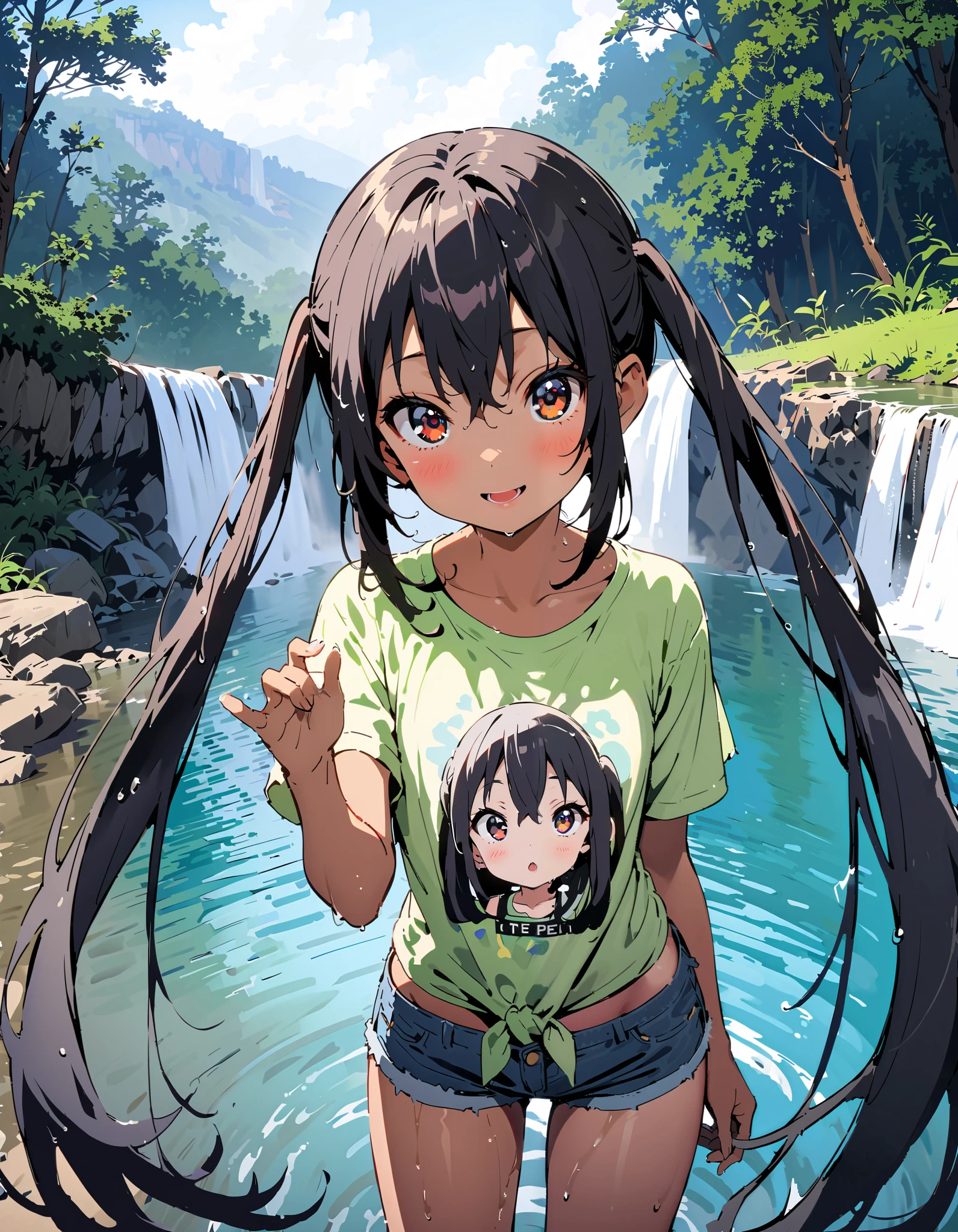Azusa Nakano, black hair, brown eyes, Alone, long hair,smile,blush, open your mouth, low twin tail, tan, brown skin,green t-shirt ,The hem of the t-shirt is tied,river遊び, playing in the water, denim micro shorts ,Wet clothes, wet hair, wet skin, standing, so that the whole body fits into the illustration,
break outdoors, river,Mountain,waterfall,forest,
break looking at viewer,
break ( Masterpiece:1.2), top quality , kampala, Unity 8k Wallpaper,(shape:0.8),( fine, beautiful eyes :1.6),It's a person , full body photo,CG Details , ( perfect hands, Complete Anatomy),