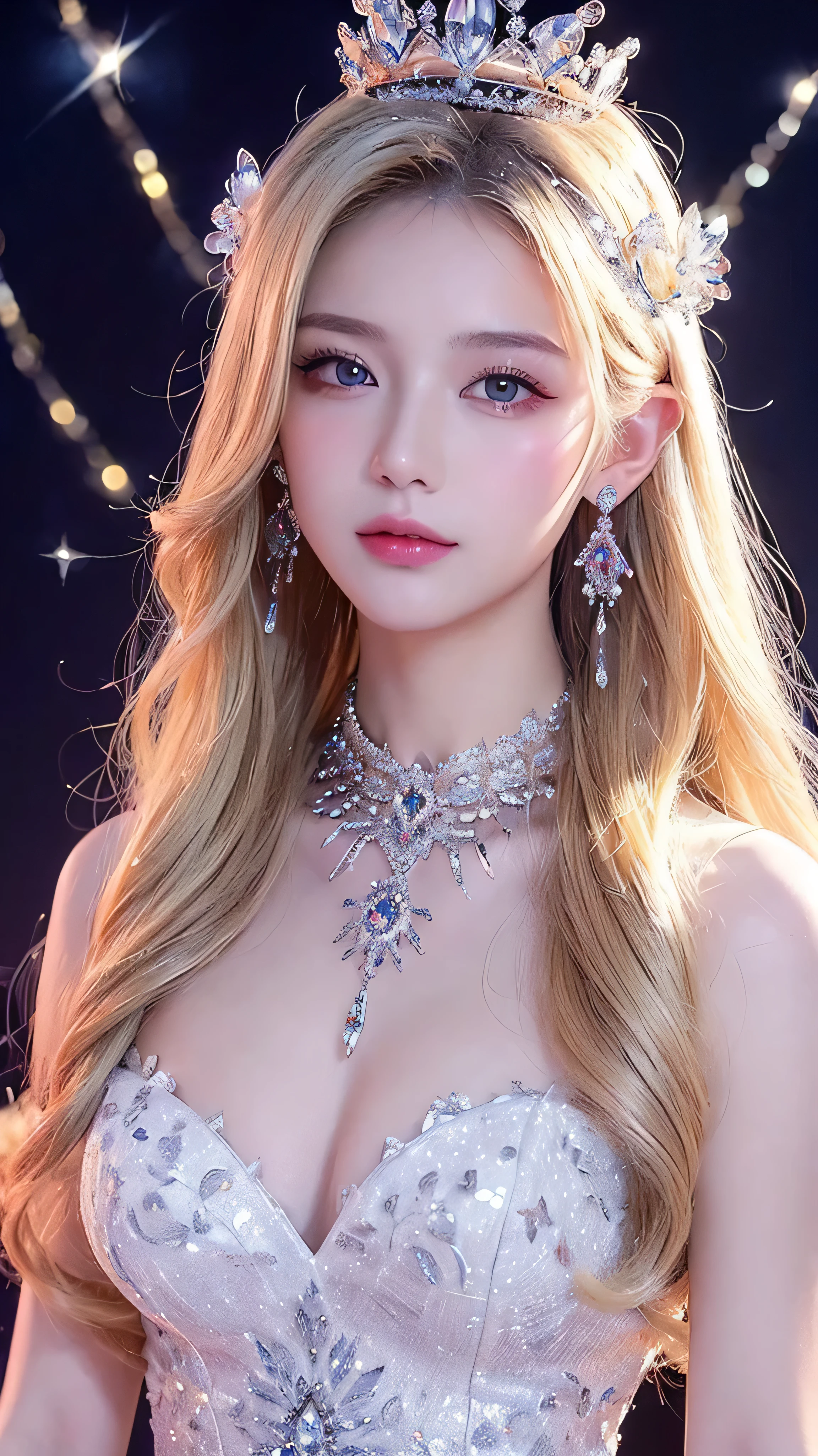 ( Masterpiece,  top quality: 1.4),  Detailed Biography, White Crystal,  Crystal Cluster , long hair,  jewelry,  earrings,  necklace,  crown, bride,  blonde hair,  halo,Beautiful Fortune Teller 。 beautiful and colorful wallpaper background。