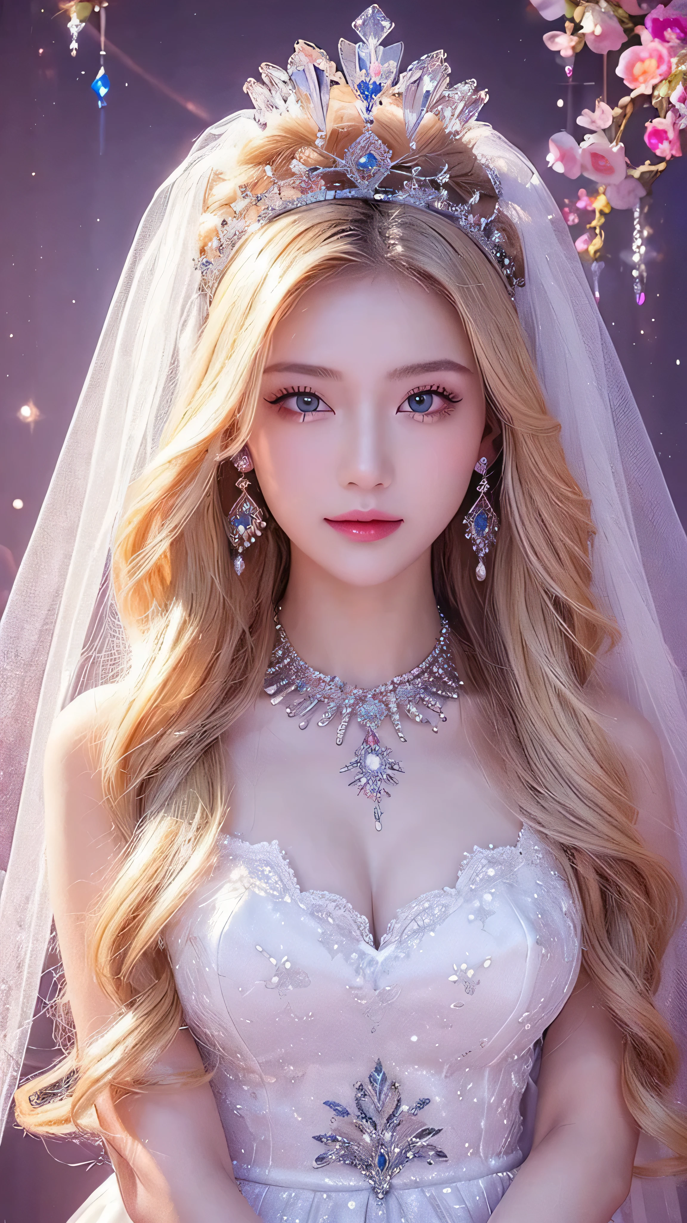 ( Masterpiece, top quality: 1.4), Detailed Biography, White Crystal, Crystal Cluster , long hair, jewelry, earrings, necklace, crown, bride, blonde hair, halo,Beautiful Fortune Teller 。 beautiful and colorful wallpaper background。