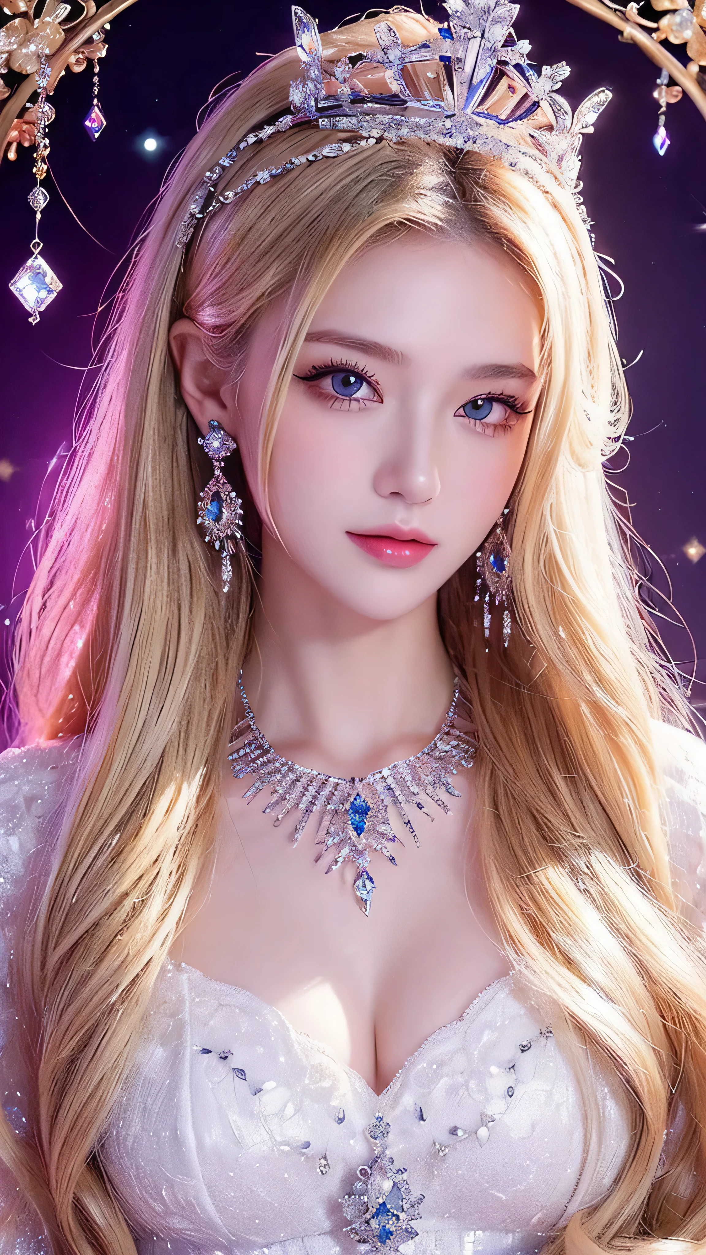 ( Masterpiece, top quality: 1.4), Detailed Biography, White Crystal, Crystal Cluster , long hair, jewelry, earrings, necklace, crown, bride, blonde hair, halo,Beautiful Fortune Teller 。 beautiful and colorful wallpaper background。