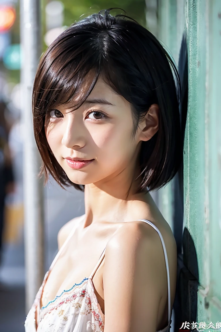 muste piece, best quality, 8K, 1 girl, good hand, 14 yo, close up of face, Bustling, active, Life Breasts Force, Luminescent, looking away, Raw photo, Breasts F/1.8, 135 mm, nikon, anatomically correct, It's blurry,textured skin, professional photography, People photography, soft light, professional lighting, solo, (shy smile), cute type, girl style, boobs film grain, (detailed eyes and face:1.0), brown hair, Short hair swaying in the wind, bangs