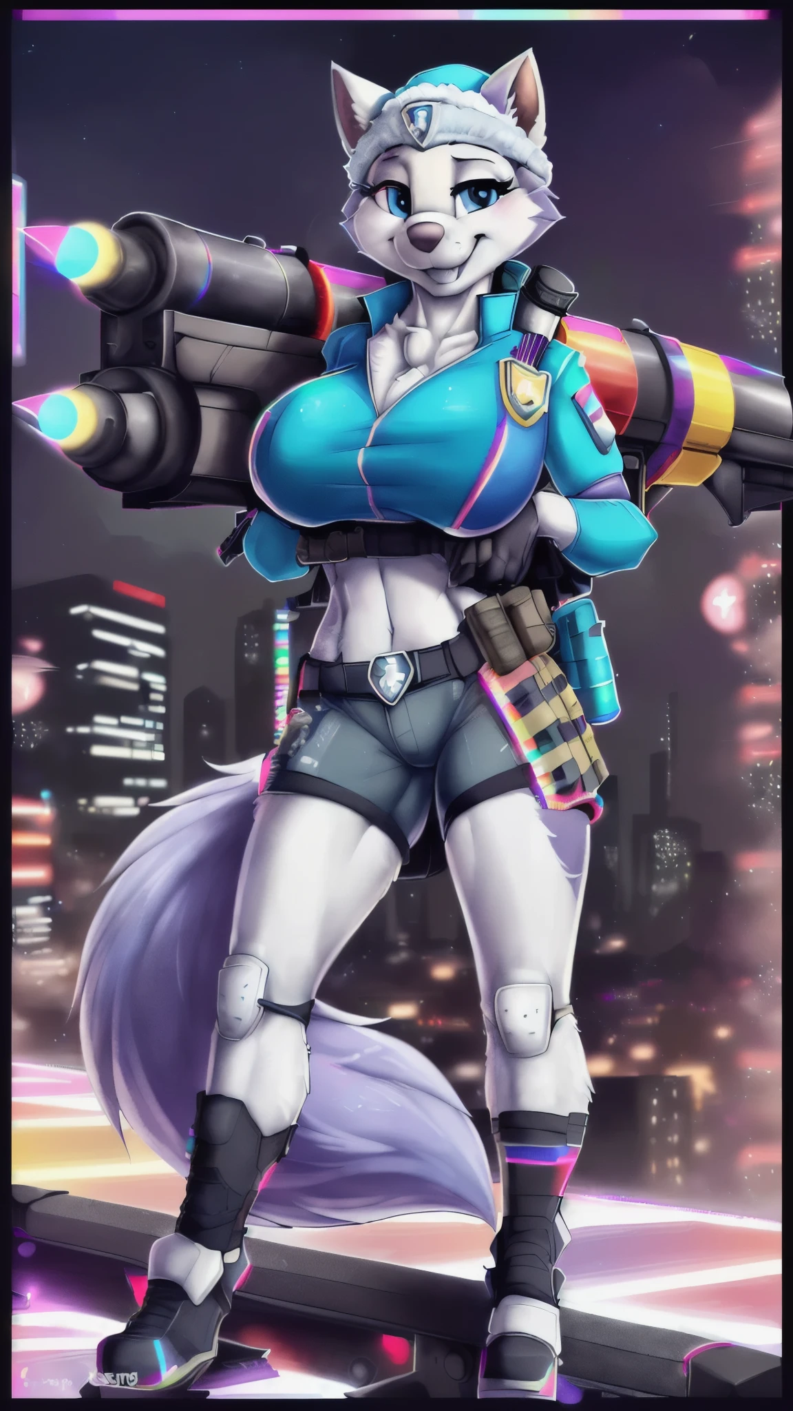 score_9, score_8_up, score_7_up, score_6_up, score_5_up, zPDXL2, (Everest:1.25), (Everest from Paw Patrol:1.45), ((paw patrol)), ((purple fur)), ((Husky ears)), (wearing winter aqua hat:1.35), (wearing tactical waiscoat:1.85), (wearing tactical ripped shorts:1.85), (wearing weapon belt:1.85), purple fur, 1girl, furry, big breasts, eyeliner, massive breasts, blush, solo focus, solo female, hyper breasts, round breasts, huge butt, bubble butt, blush, female, ((large breast)), ((huge breast)), ((hyper breast)), (hyper breast:1.15), presenting breasts, ((sharp teeths)), shark teeths, ((large fangs)), blue eyes, (blue eyes:1.25), (Shiny eyes:1.6), ((Pixar eyes)), perfect eyes, ((glowing eyes)), (glowing eyes:1.25), (hyper realistic:1.45), (long fluffy tail:1.25), (very large tail:1.25), tail up, very furry and fluffy, (raised up tail:1.55), (very large fangs:1.25), perfect ligthing, ((many hearts all over the screen)), (Cyberpunk city background), (cyberpunk city:1.95), (RGB lights:1.95), (front view:1.95), ((seductive break)), (mischievous smile:1.95), (rajii:1.25), (dimwitdog:1.35), (thesecretcave:1.25), cooliehigh, miles-df, complextree, (pixelsketcher:1.35), (foxovh:1.25), (zaush:1.35), (avante92:1.35), (meesh:1.35), inu-sama, (cervina:1.35), (F-R95:1.25), (R-mk:1.35), xpray, (fluffkevlar:1.35), tanidareal, truegrave, vader-san, (nuzzo:1.35), midnight_lycanroc,suurin,Furry Mix PDXL,source_furry,3d,anthro,(Furry_Fusion:1.0), (3D render:1.25), tiny tongue, ((tiny tongue)), (at roof top:1.95), (at helipad:1.95), (holding a rocket launcher at her back:1.95)